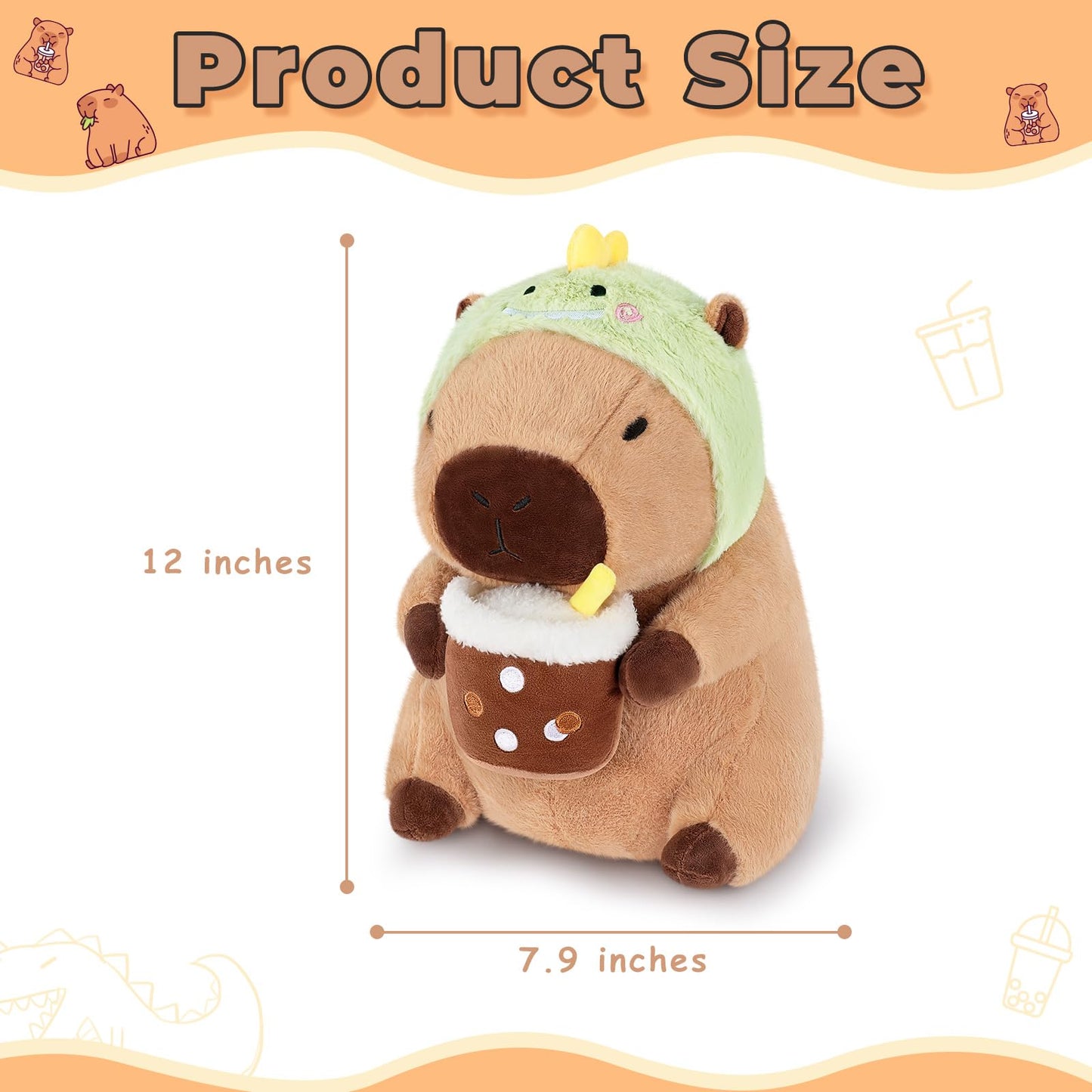 Achwishap Capybara Plush Toy, 12” Brown Stuffed Animal with Dinosaur Hat, Cute Kawaii Gift for Kids and Adults