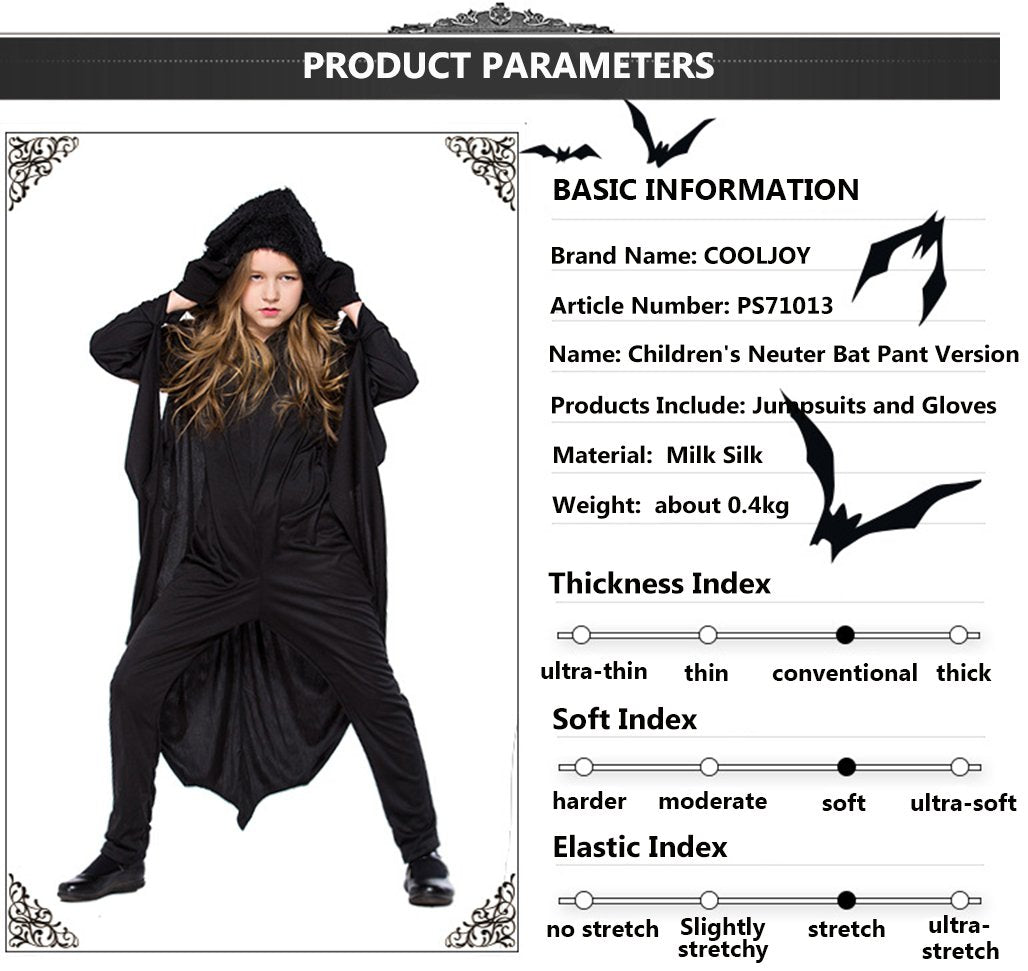 Cooljoy Kids Unisex Vampire Bat Costume, Jumpsuit Halloween Cosplay Costume, Party Animal Costume Outfits, Long Section,With Gloves (M) Black