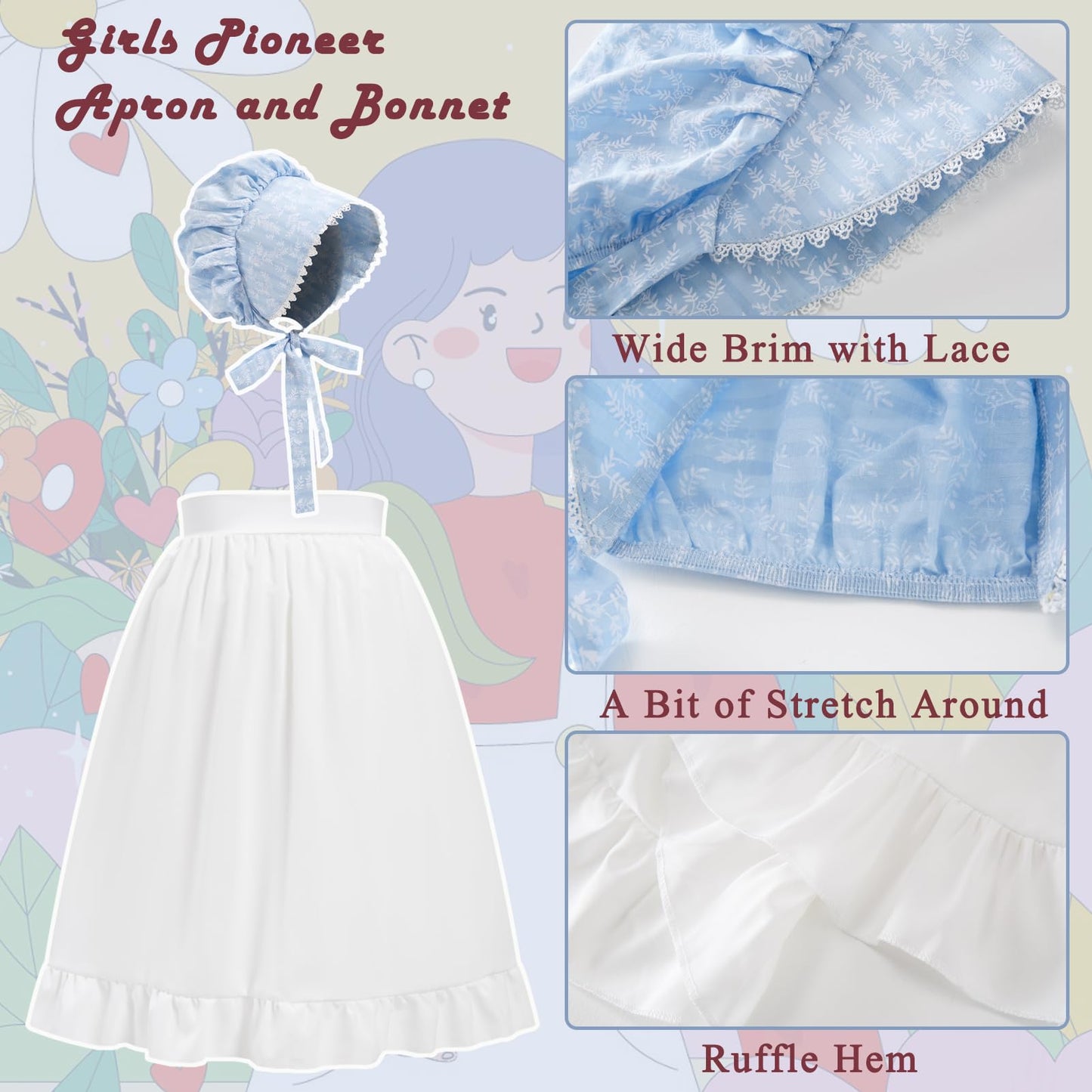 FORTMAC Pioneer Dresses for Girls Colonial Prairie Dress Girls Short Sleeves 1800s Pilgrim Costume with Apron and Bonnet Blue 6-