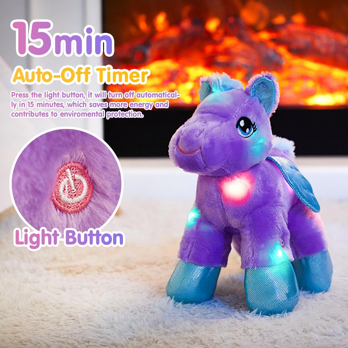 Bstaofy Light Up Pegasus Stuffed Animal Glow Unicorn Led Soft Plush Toys, Bedtime Nightlight Companion Gift For Kids On Christmas Birthday, Purple