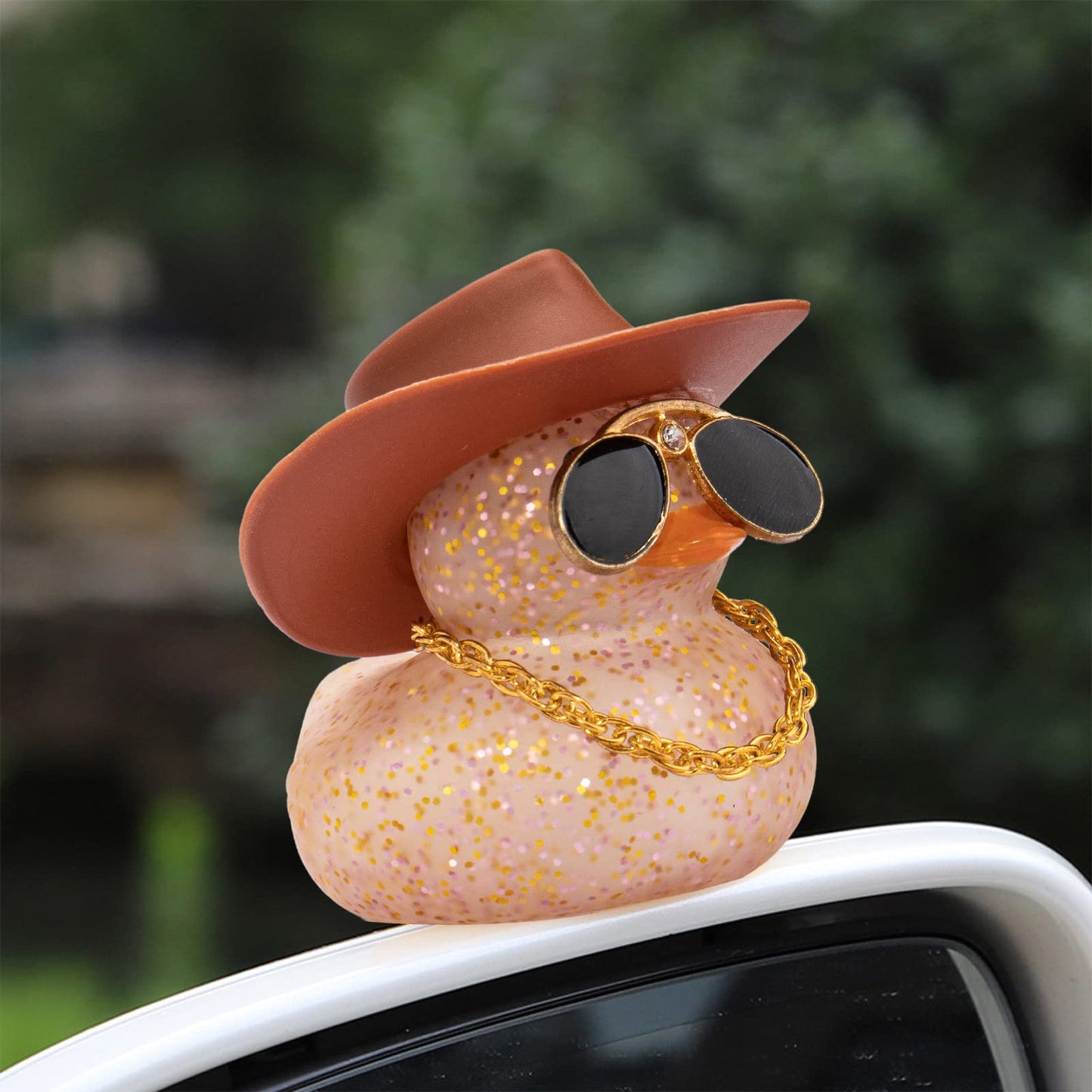 Wonuu Car Dashboard Rubber Duck Ornament, Car Decoration Colour Ducks Accessories With Mini Hat Necklace And Sunglasses, G-Brown