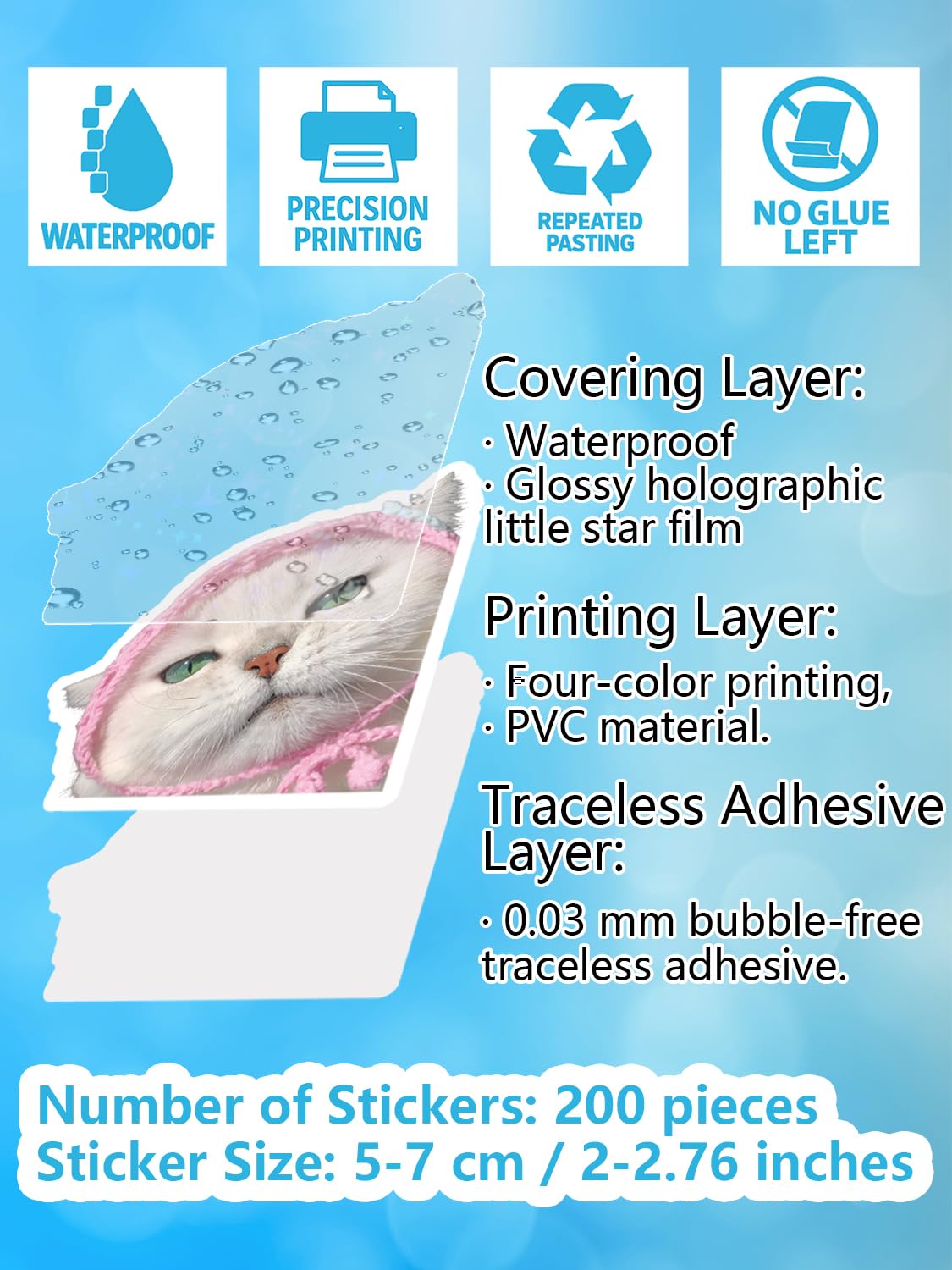 200 Cute Cat Stickers for Water Bottles - Kawaii Vinyl Cat Meme Pack, Glossy Waterproof Decals 2-2.8 , Laptop/Phone/Skateboard/S