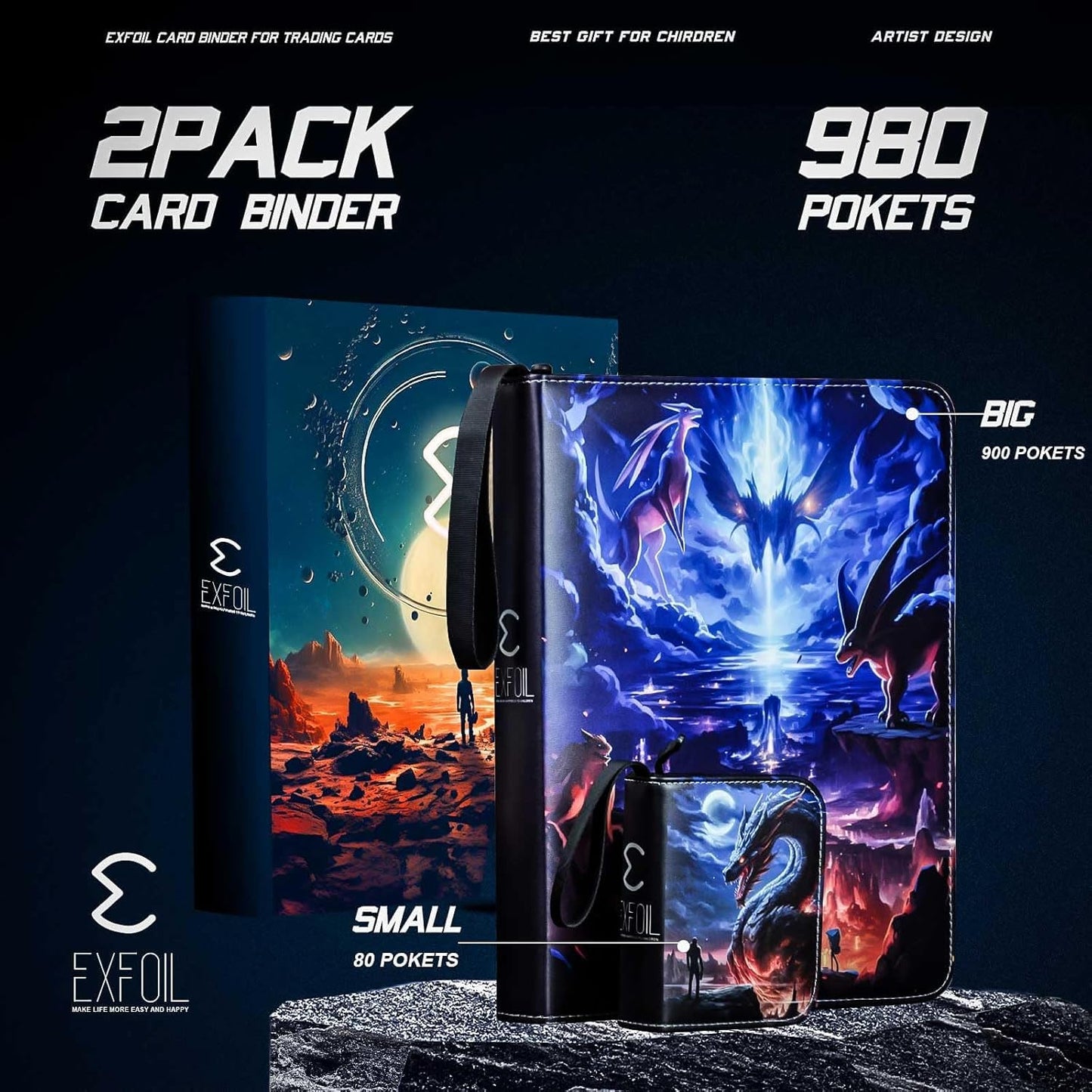 Pokemans Card Binder For Cards, Trading Cards Binder 9 Pocket, Collectible Card Zipper Waterproof Albums Fits 980 Cards