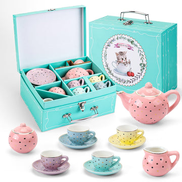 Tea Set Girls Porcelain Tea Set for Little Girls Tea Set for Little Girls Polka Dot Design and Colorful Color with for Boy and G