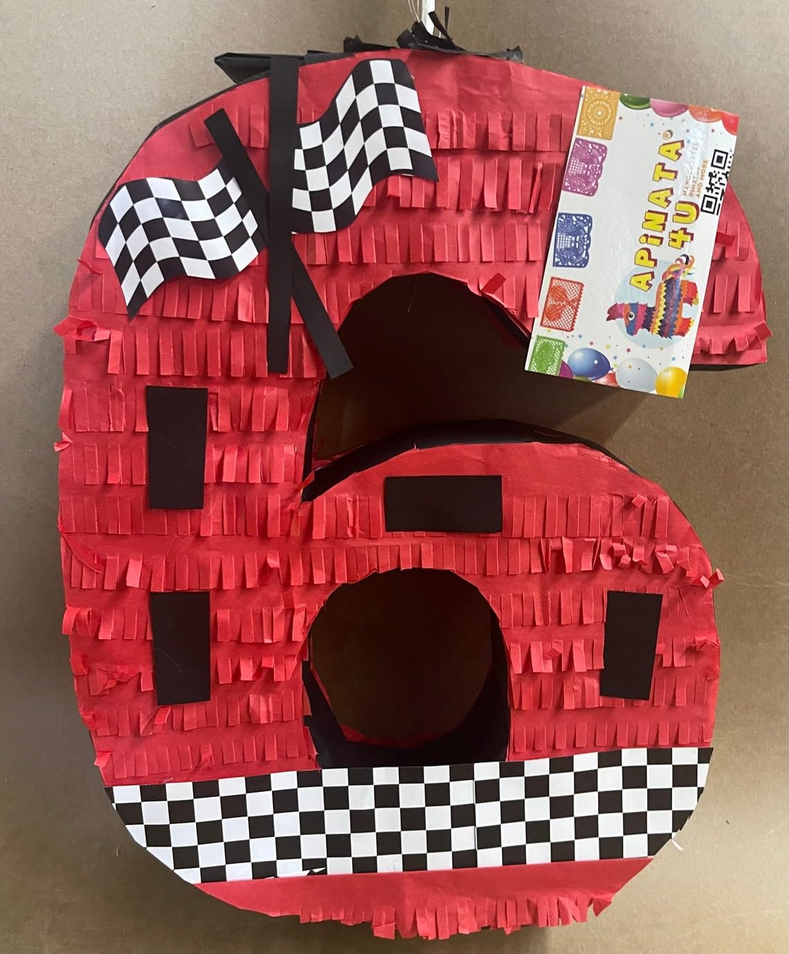APINATA4U Number Six Race Car Pinata, Red Checkered Flag for First Birthday, Racing Theme Party Supplies, Race Track Decor, Kids
