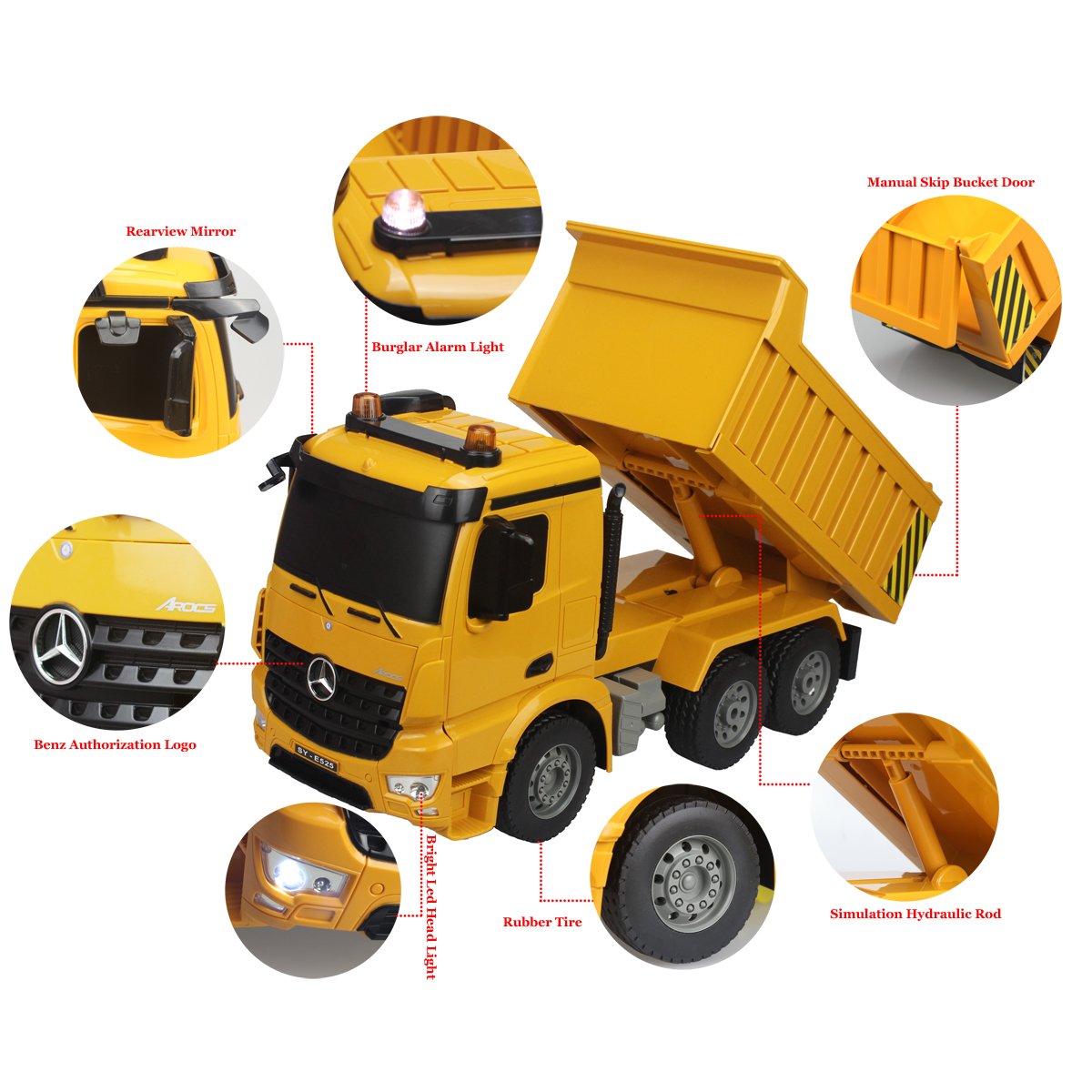 fisca Remote Control Truck, 1/20 Scale 6 Channel 2.4Ghz RC Dump Truck Construction Vehicle Toy with LED Lights and Simulation So
