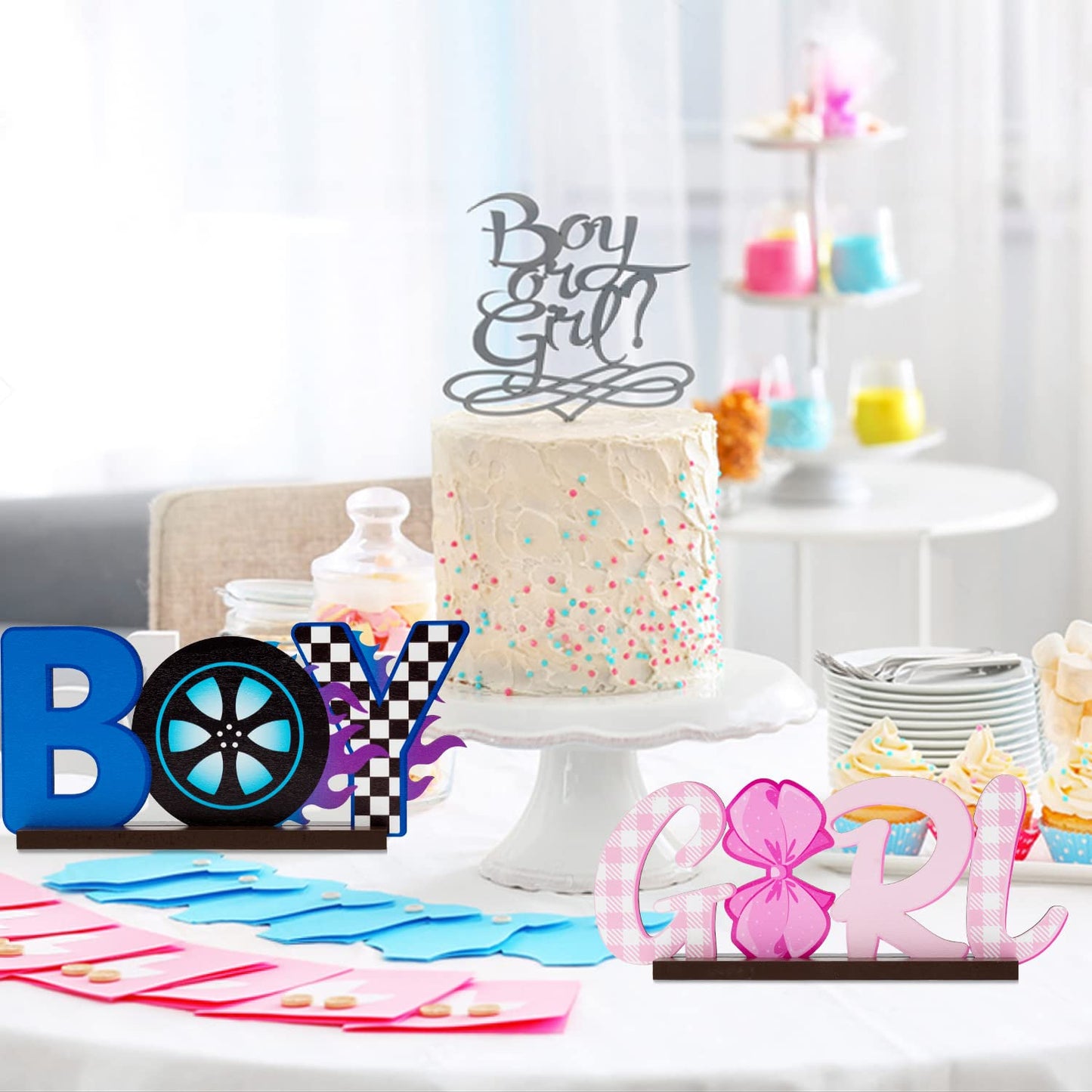 G1Ngtar 2Pcs Burnouts Or Bow Gender Reveal Wooden Table Centerpieces Boy Or Girl Letter Signs Blue Car Wheel Pink Polka Dots Bow