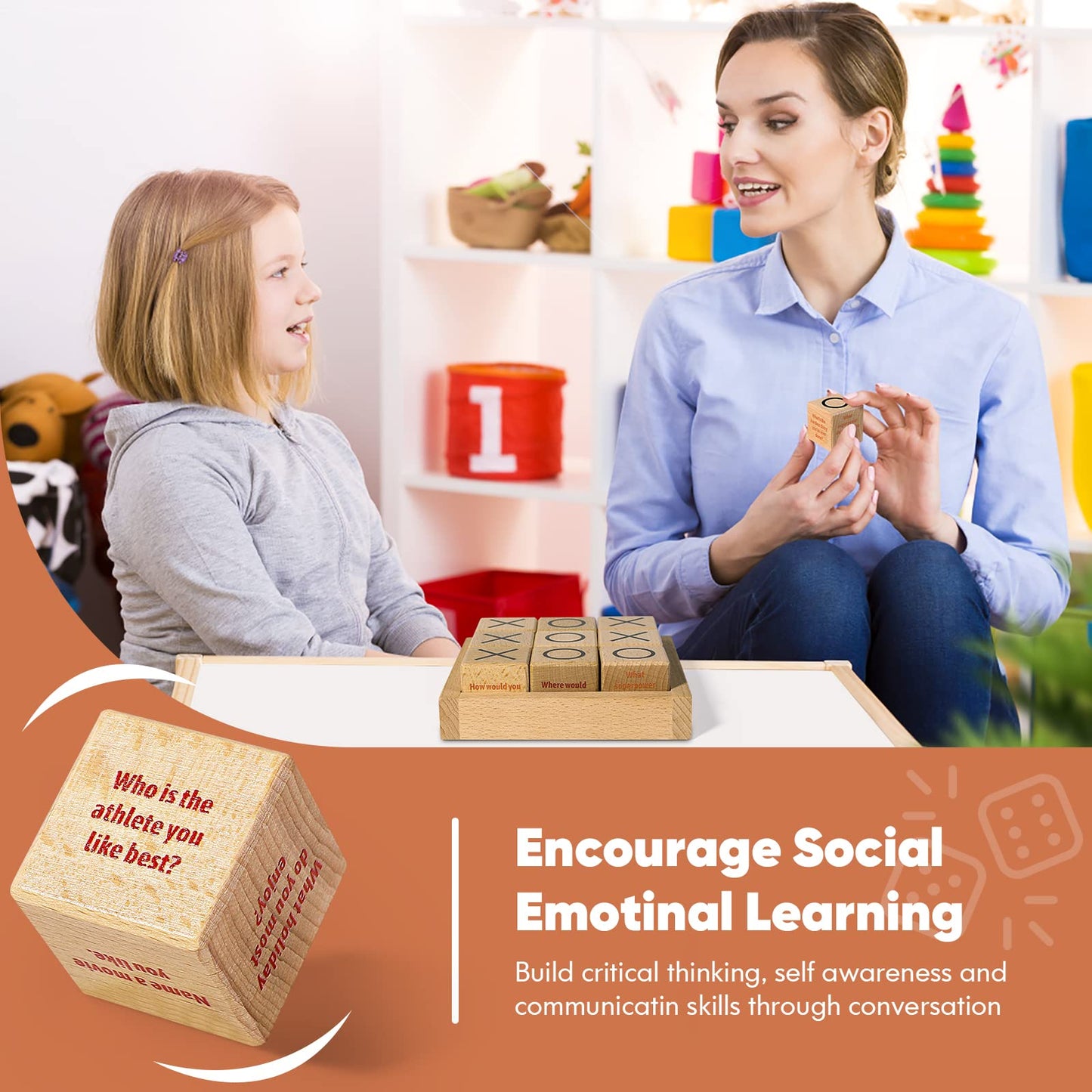 Garybank Conversation Cubes W/Tic Tac Toe Game Great Conversation Starter-Building Relationship Wooden Block for Family Game Night School Counselor Supplies Therapy Icebreaker Game for Kid Teen mature-themed