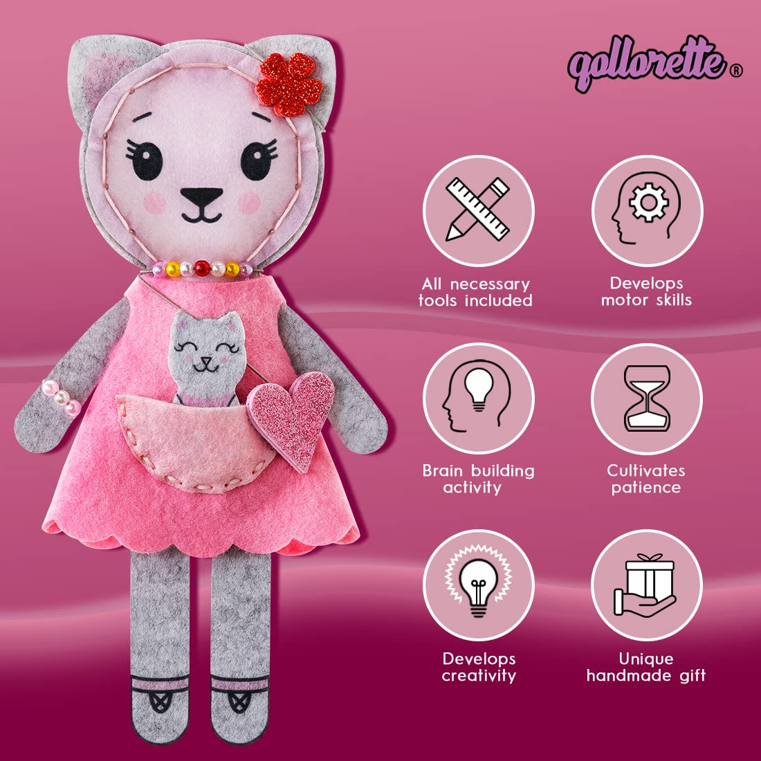 qollorette Kitty Felt Sewing Kit for Kids - DIY Craft, Beginner Sewing, Fabric Toy