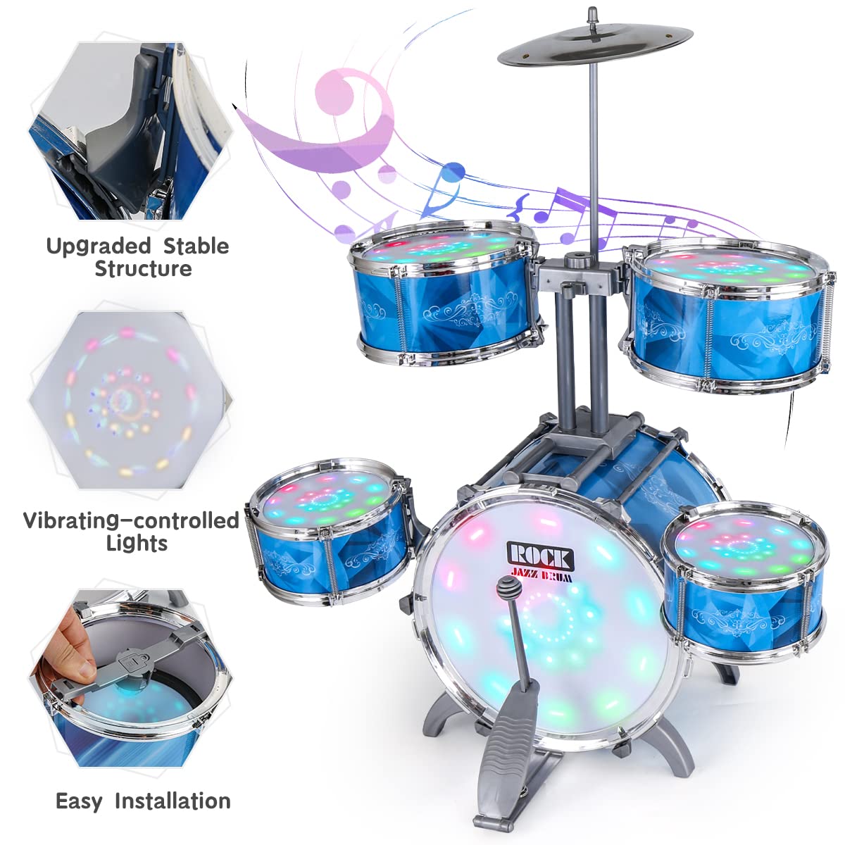 Kids Drum Set For Toddlers With 5 Jazz Drum Kit & Lights (Vibrating-Controlled) & Alloy, Musical Instruments Toys, Boys Gifts Fo