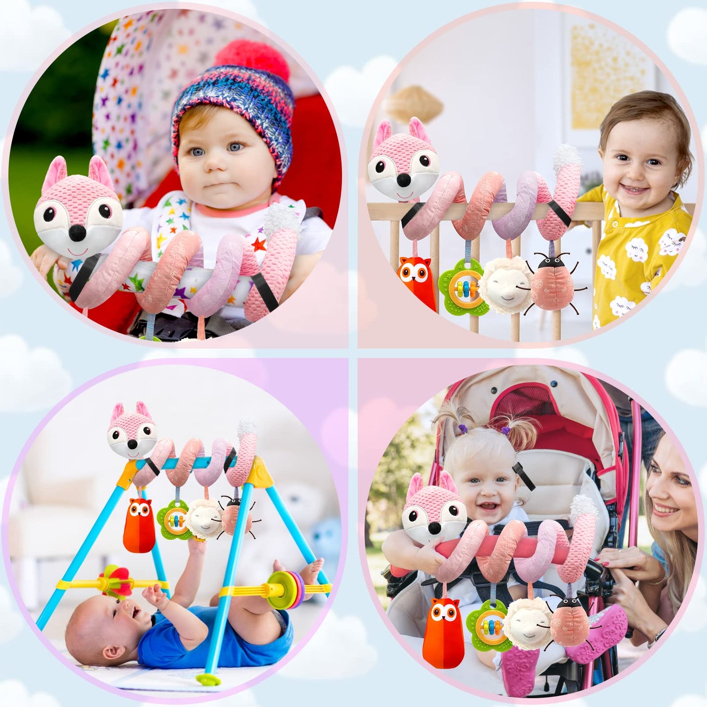 MONSTIME Pink Car Seat Toys for Infants 0-6 Months, Stroller & Bassinet Rattles, Teether with Music - Ideal Baby Toy for Boys & Girls