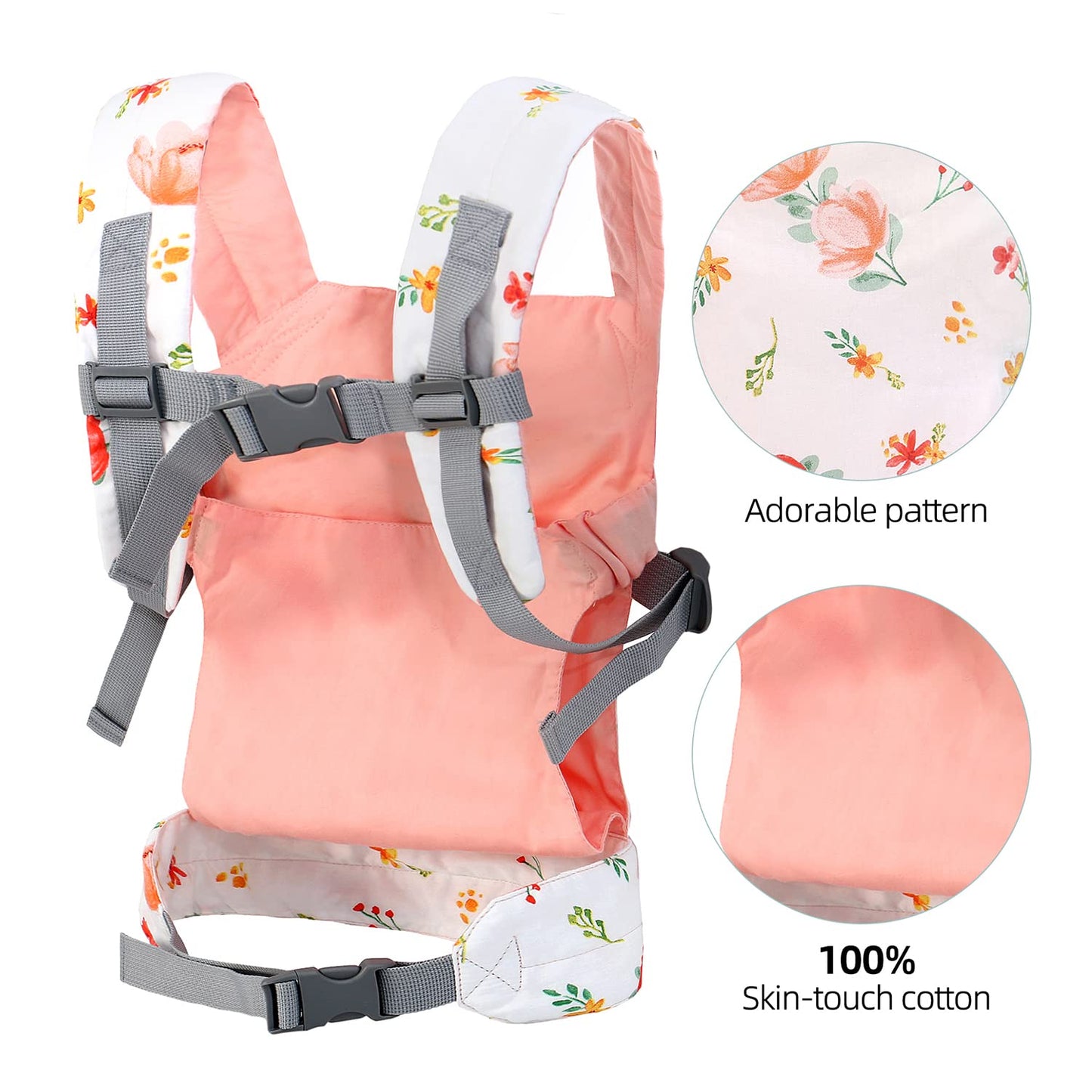Baby Doll Carrier Front and Back Baby Doll Accessories Backpack Kid Toddlers Play Toy Baby Carriers for Babydoll Pretend with Adjustable Straps for Little Girls (Flowers)