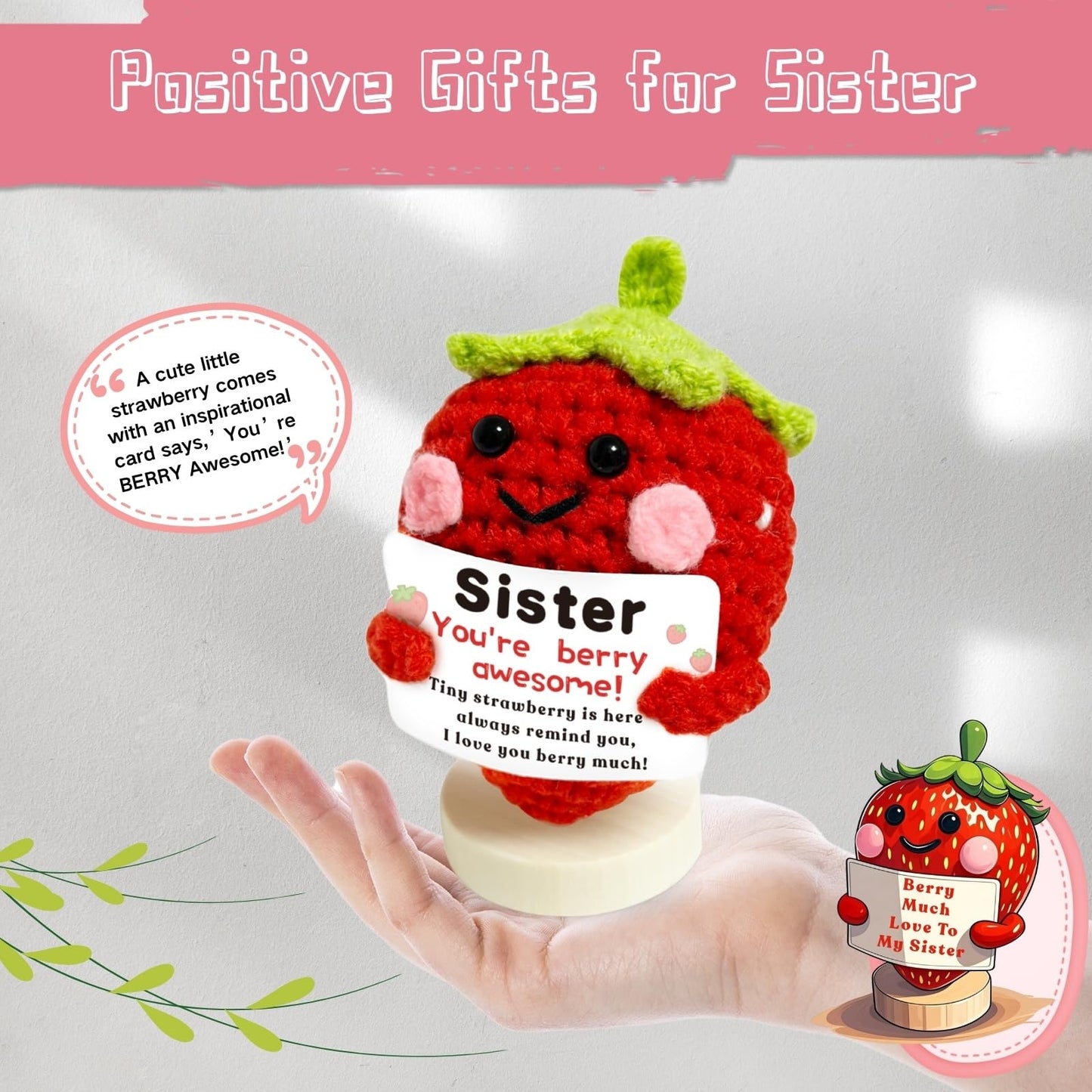 Sister Gifts Positive Crochet Strawberry: Big Sis Sister-in-Law Friends mature-themed Gifts for Birthday Christmas White Elephant Day Genlentines  Handmade Cute Berry Awesome Card Base Keychain (Sister)