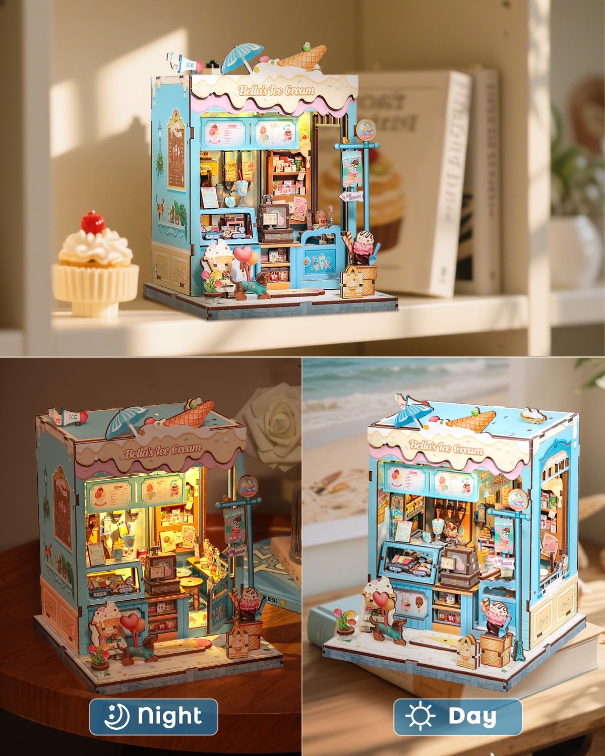 CUTEBEE Book Nook Kit  DIY Miniature House Kits for mature-themed and Teens  Dollhouse Booknook Tiny House  Bookshelf 3D Wooden Puzzle  DIY Craft Gifts for Family and Friends (Bella's Ice Cream)