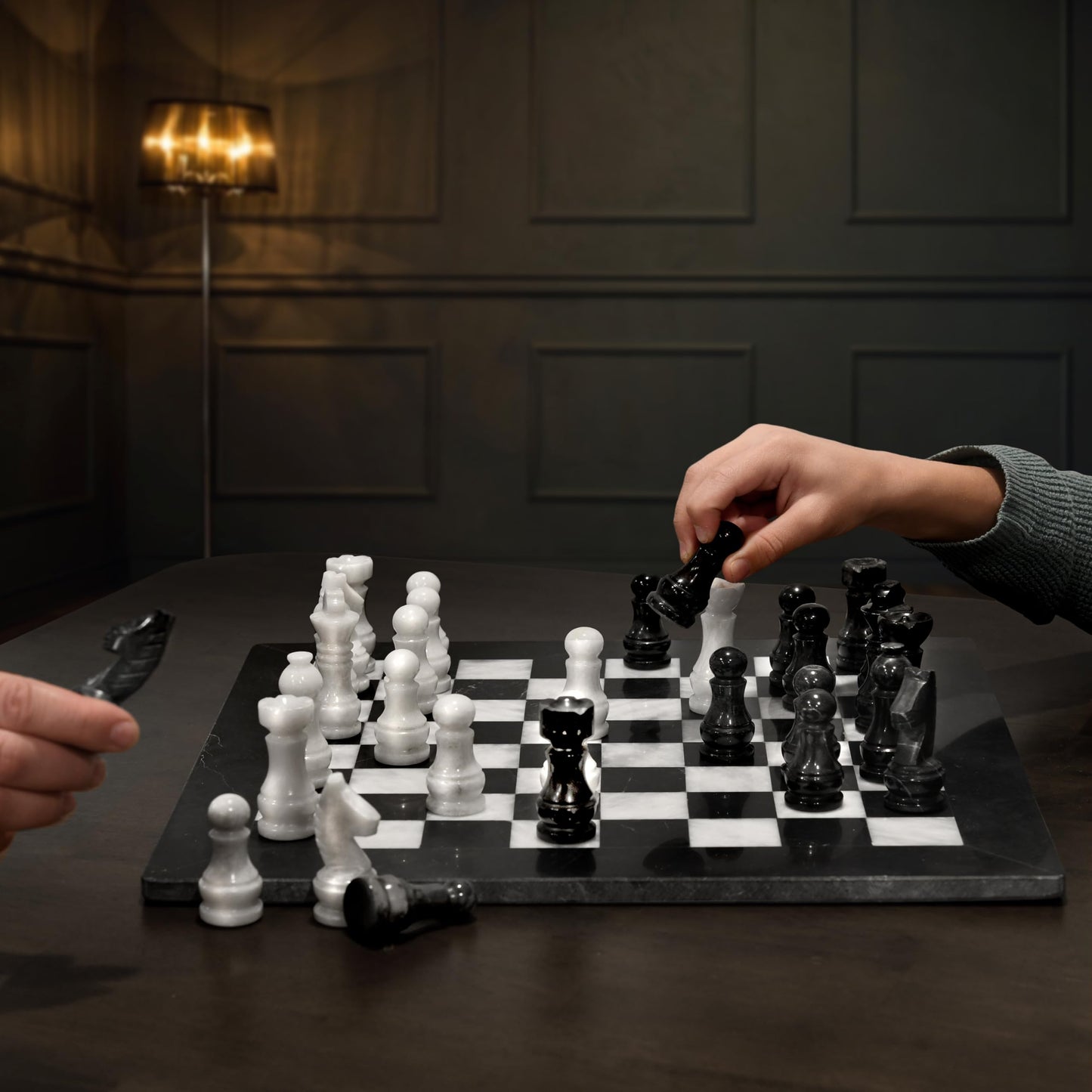 UMAID Marble Chess Set - Handcrafted 13 Inch Black & White Board with Weighted Pieces & Velvet Storage Box - Luxury Home Decor