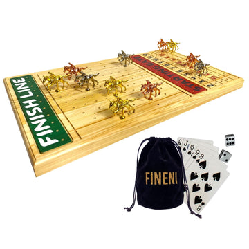 Fineni Horse Racing Game For Adults, Horse Race Board Game With 11 Luxurious Metal Horses (Silver, Black, Rose Gold), 22” Pine Wood Horse Race Game Board, Dice & Card Included (Log Color3)
