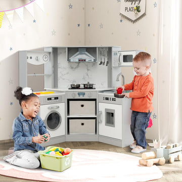 HONEY JOY Corner Kids Kitchen Playset, Wooden Play Kitchen for Toddlers, Range Hood, Water Circulation, Water Dispenser, Storage