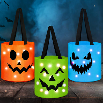 Sadnyy 3 Pcs Halloween Trick or Treat Bags Light up for Kids Pumpkin Candy Bucket LED Halloween Treating Baskets Reusable Goody 