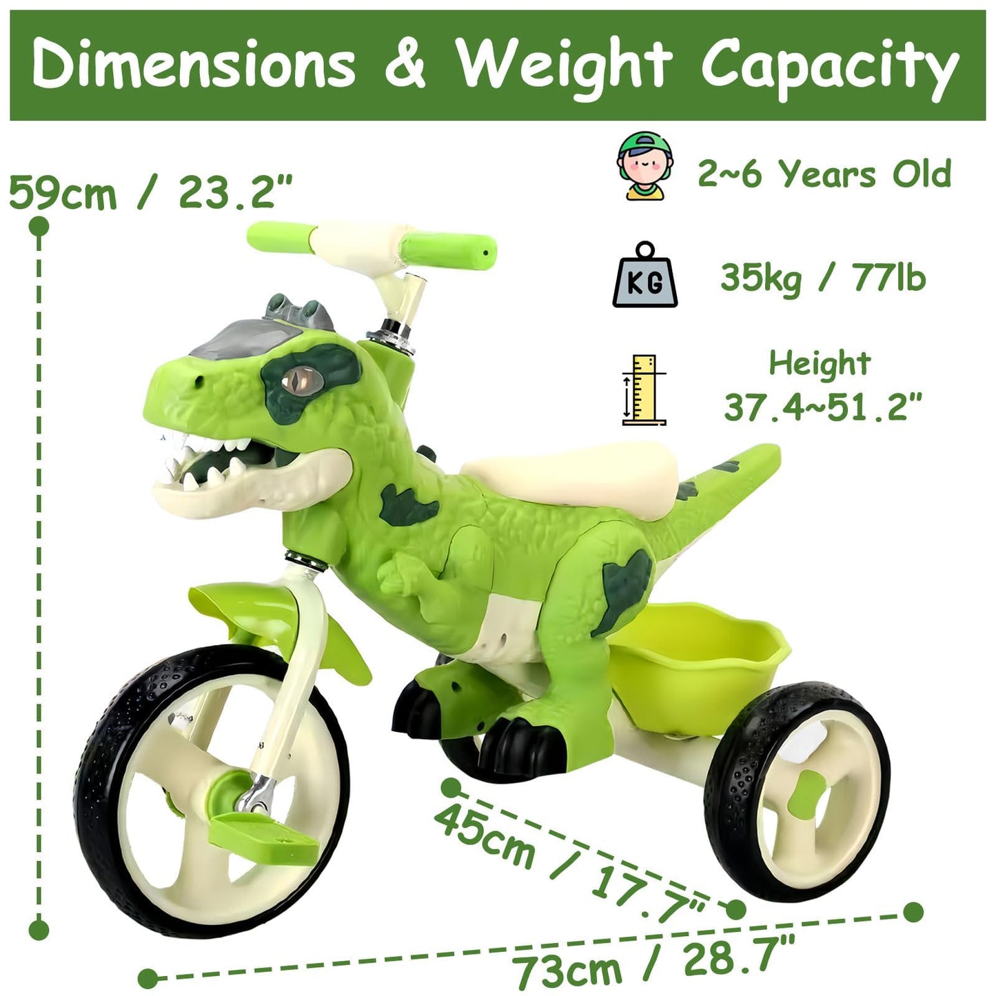 VIZZTY Dinosaur Kids Tricycle - Medium Orange Plastic Bike with Music & Storage Basket for Toddlers 3-7 Years Old