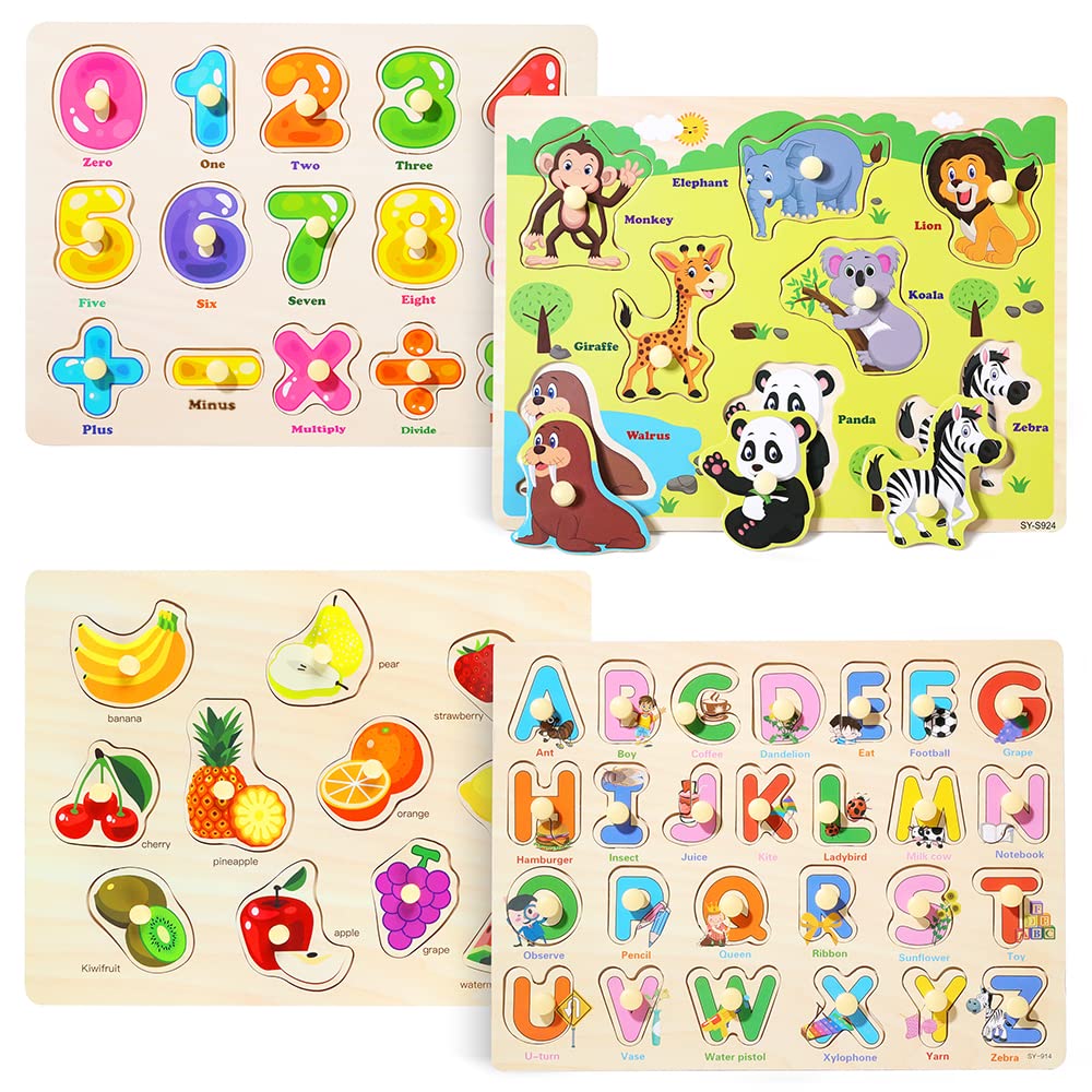 Grinnnie Wooden Peg Puzzle For Toddlers 2 3 4 Years Old, 4 Pcs Montessori Educational Learning Puzzles Set-Numbers, Letters, Animals And Fruits, Great Preschool Gifts For Girls And Boys