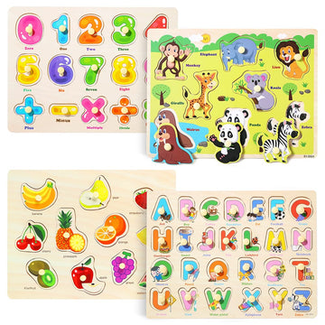 Grinnnie Wooden Peg Puzzle For Toddlers 2 3 4 Years Old, 4 Pcs Montessori Educational Learning Puzzles Set-Numbers, Letters, Animals And Fruits, Great Preschool Gifts For Girls And Boys