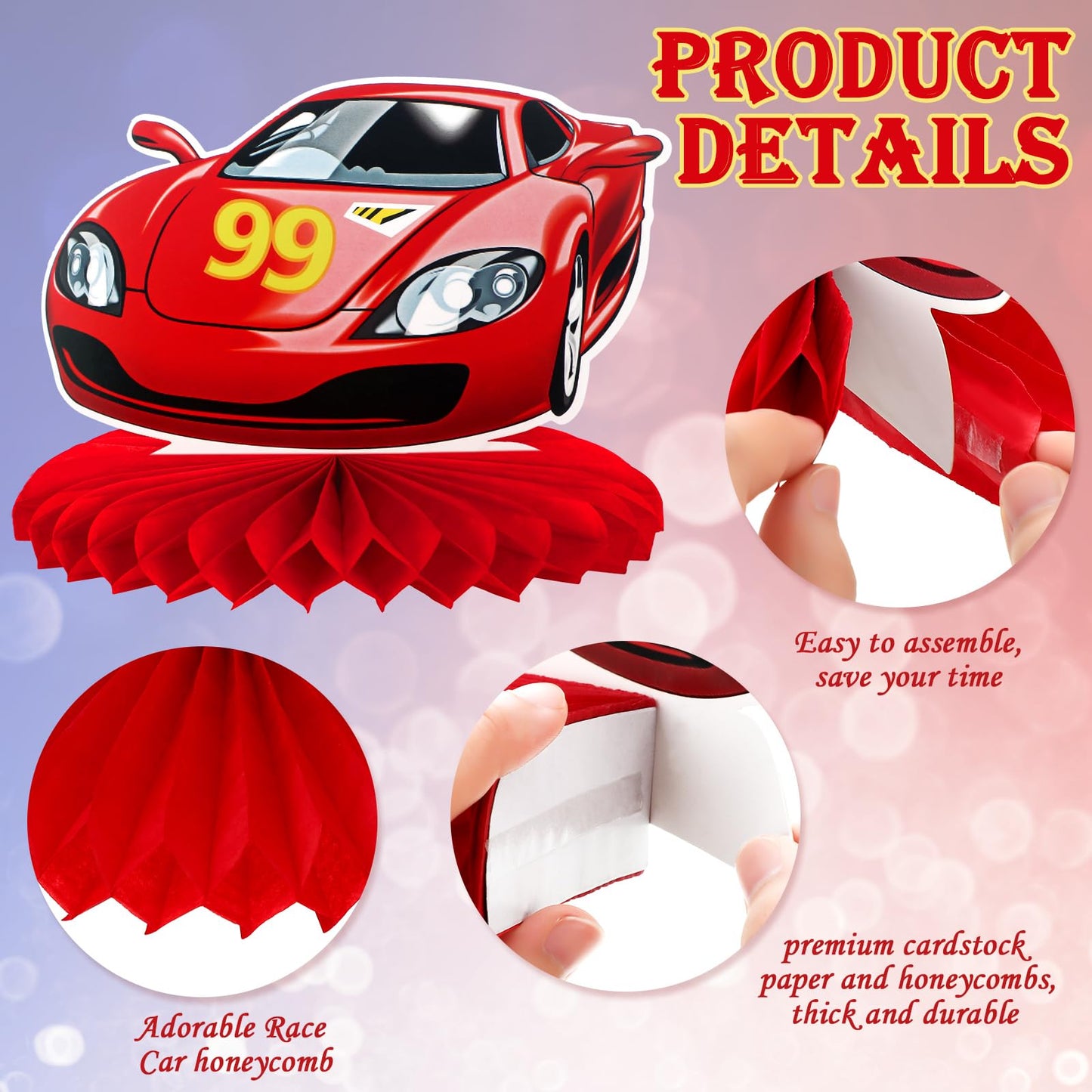9 Pieces Race Car Party Decorations Race Car Honeycomb Centerpieces Racing Party Table Decor Double-Sided Cars Photo Booth Props