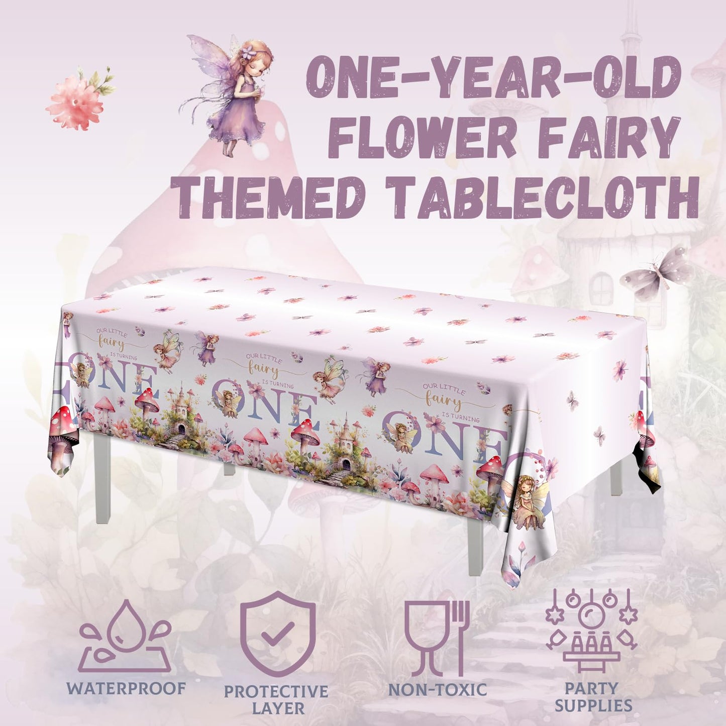 Pymurod 3Pcs Fairy First Birthday Decorations Fairy One Tablecloth Little Fairy Garden Table Cover, Fairy 1St Birthday Party Sup