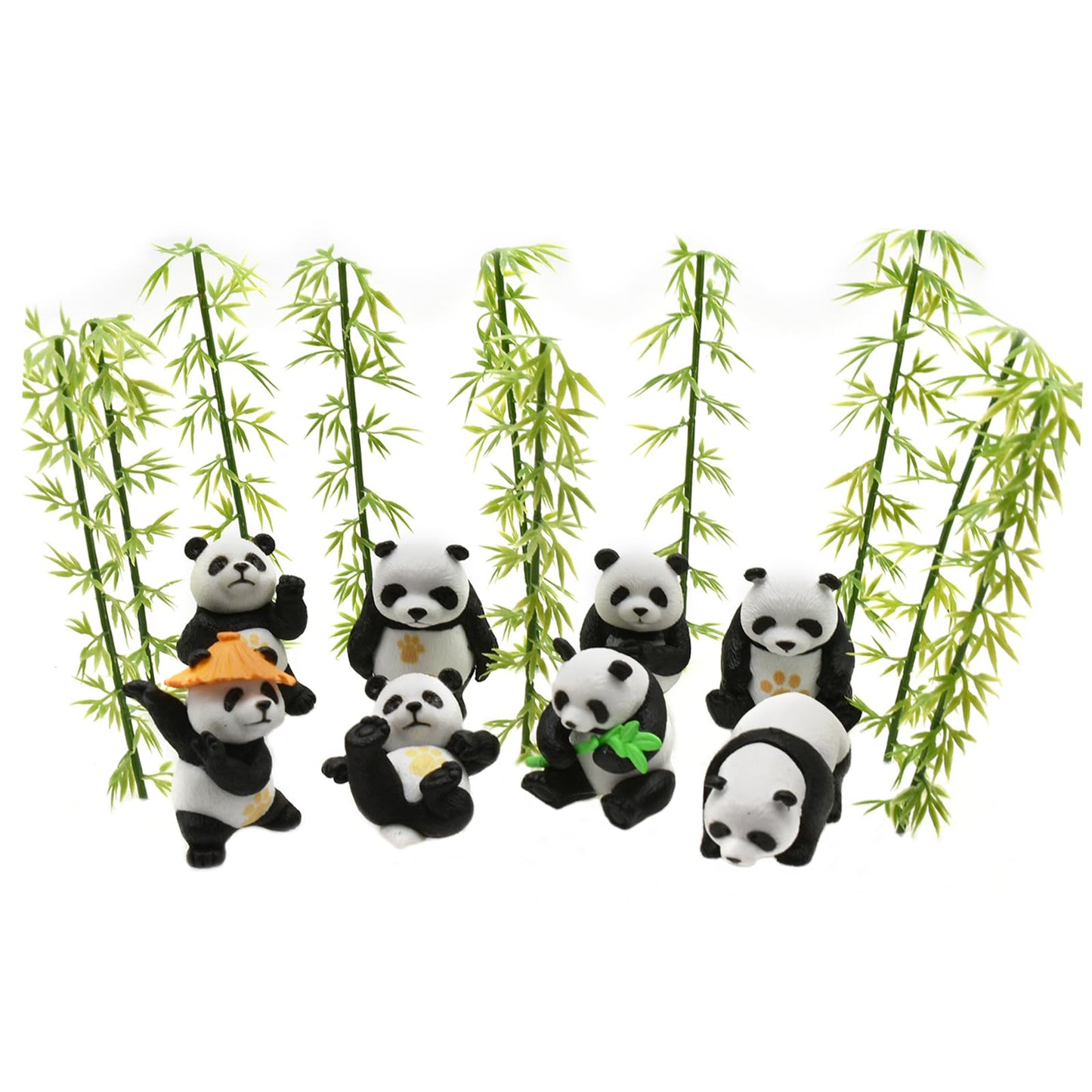 Pinenjoy 8Pcs Miniature Panda Figurine with 10Pcs Bamboo Resin 2inch Mini Animals Landscape Decoration for DIY Fairy Garden Doll