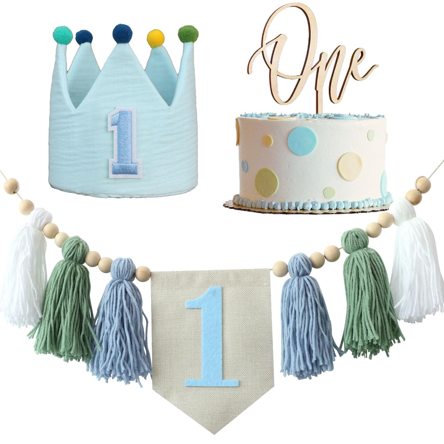 Baby 1St Birthday Party Decorations For Handmade Tassel Garland Highchair Banner With One Cake Topper Blue Crown Hat