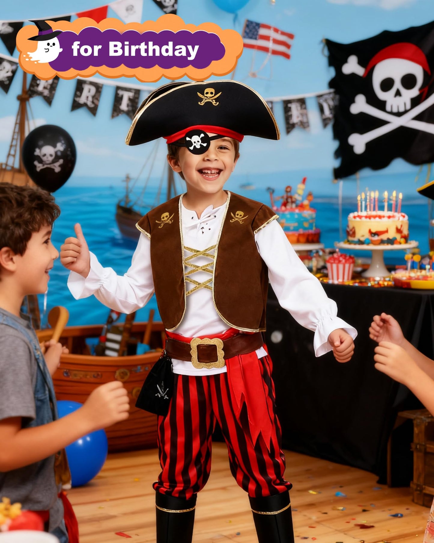 PARTTELY Pirate Costume Set for Boys  Kids Pirate Costume Set for Toddler Halloween Dress Up  Themed Party (8-10Y) Red