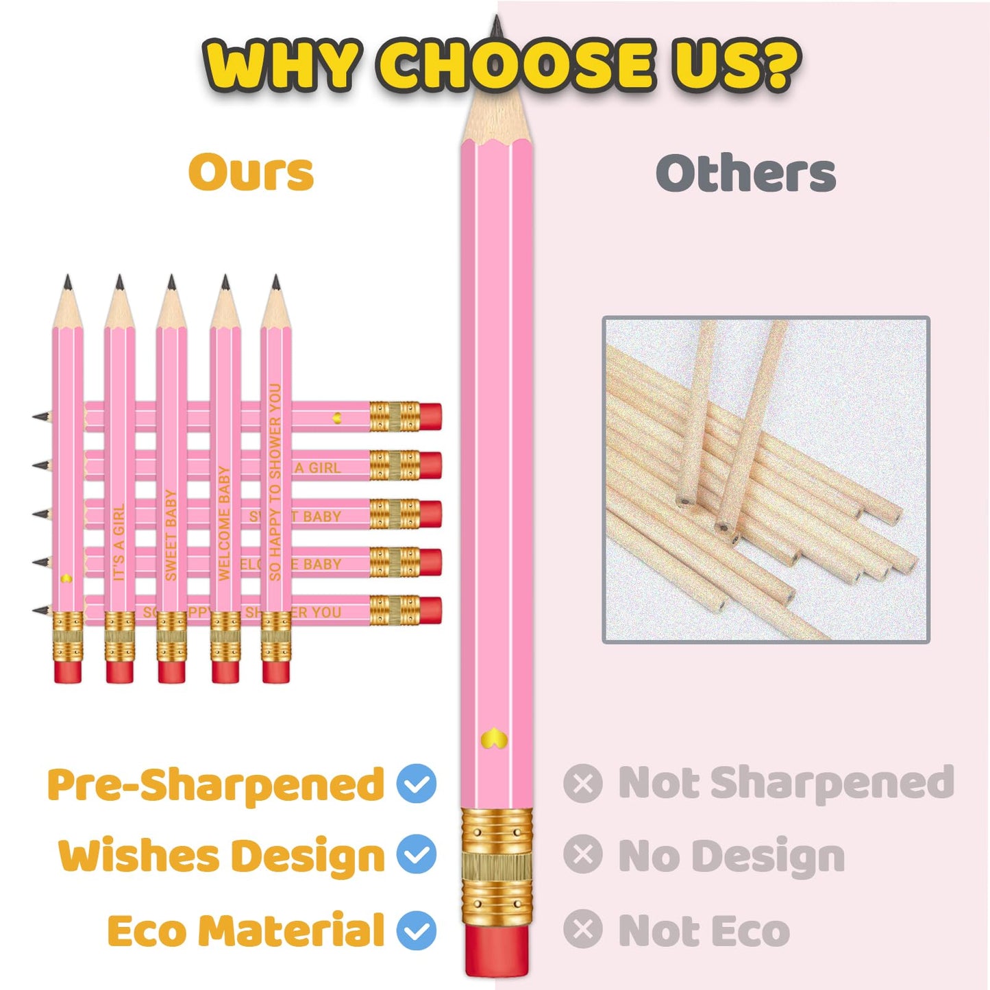 Vusnud 50Pcs - Baby Shower Sharpened Half Pencils With Erasers, Pre-Sharpened Pencils For Baby Shower Games, 4 Inches