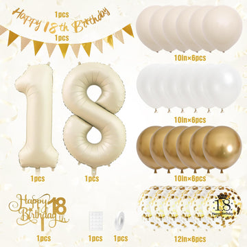18Th Birthday Decorations Sand White Gold,18Th Birthday Balloons Beige Gold,Happy 18Th Birthday Banner With Cake Toppers Number