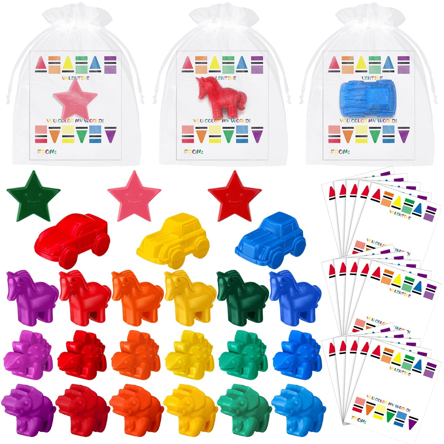 Tinlade 24 Pcs Valentines Gifts with Cute Shaped Crayons Valentines Day Cards School Basket Stuffers Fillers Preschool Valentine
