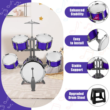 Kids Jazz Drum Set Rock Kit Toys For 3-7 Year Olds - 5 Piece Toddler Band Musical Instrument Educational Percussion Birthday Pla
