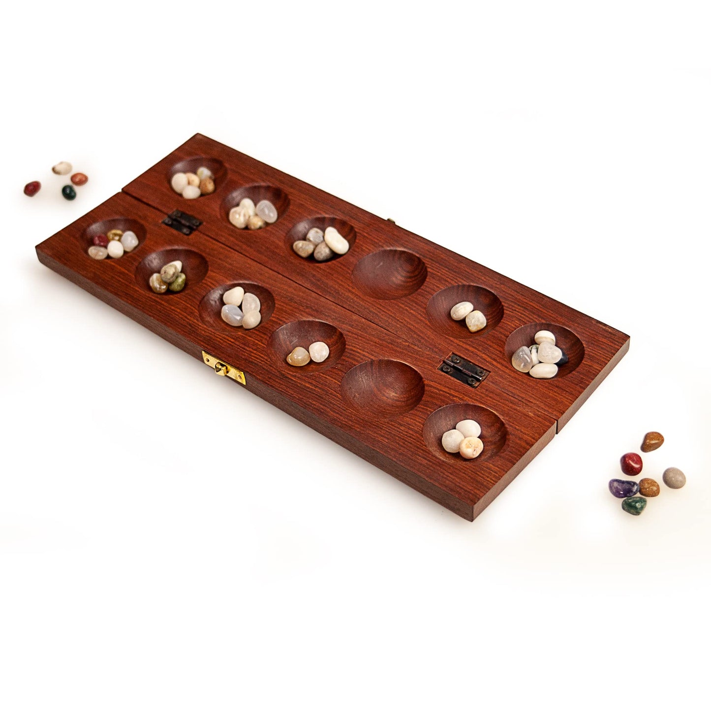 Sterling Games Wooden Mancala Board Game Cherry Finish With Real Stones 13” Wood Game Board