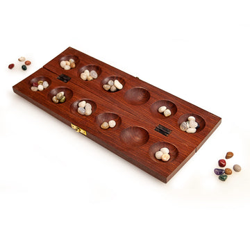 Sterling Games Wooden Mancala Board Game Cherry Finish With Real Stones 13” Wood Game Board