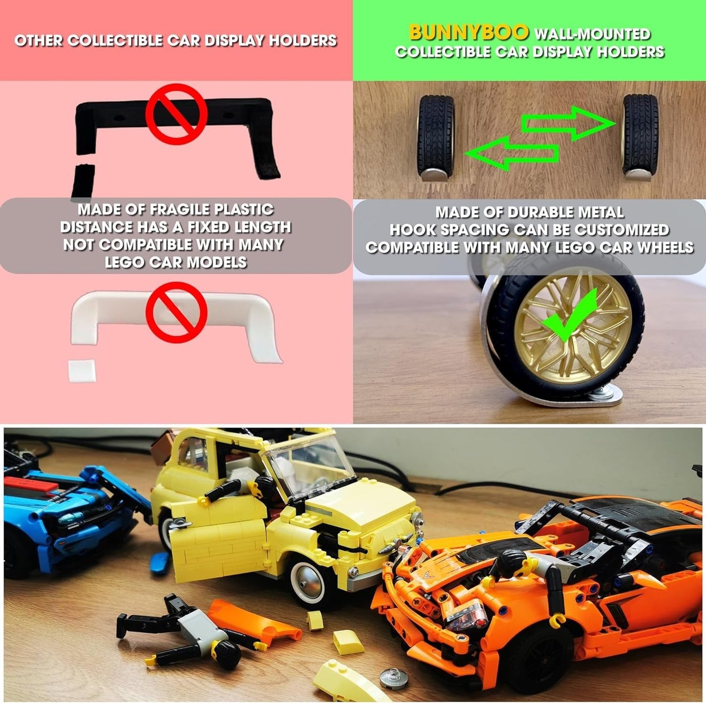 Metal Wall Mount For Lego Car Holder - Wheel Diameter 1.7 In / 43.2 Mm Compatible For Lego Cars Technic, Mclaren F1, Speed Champ