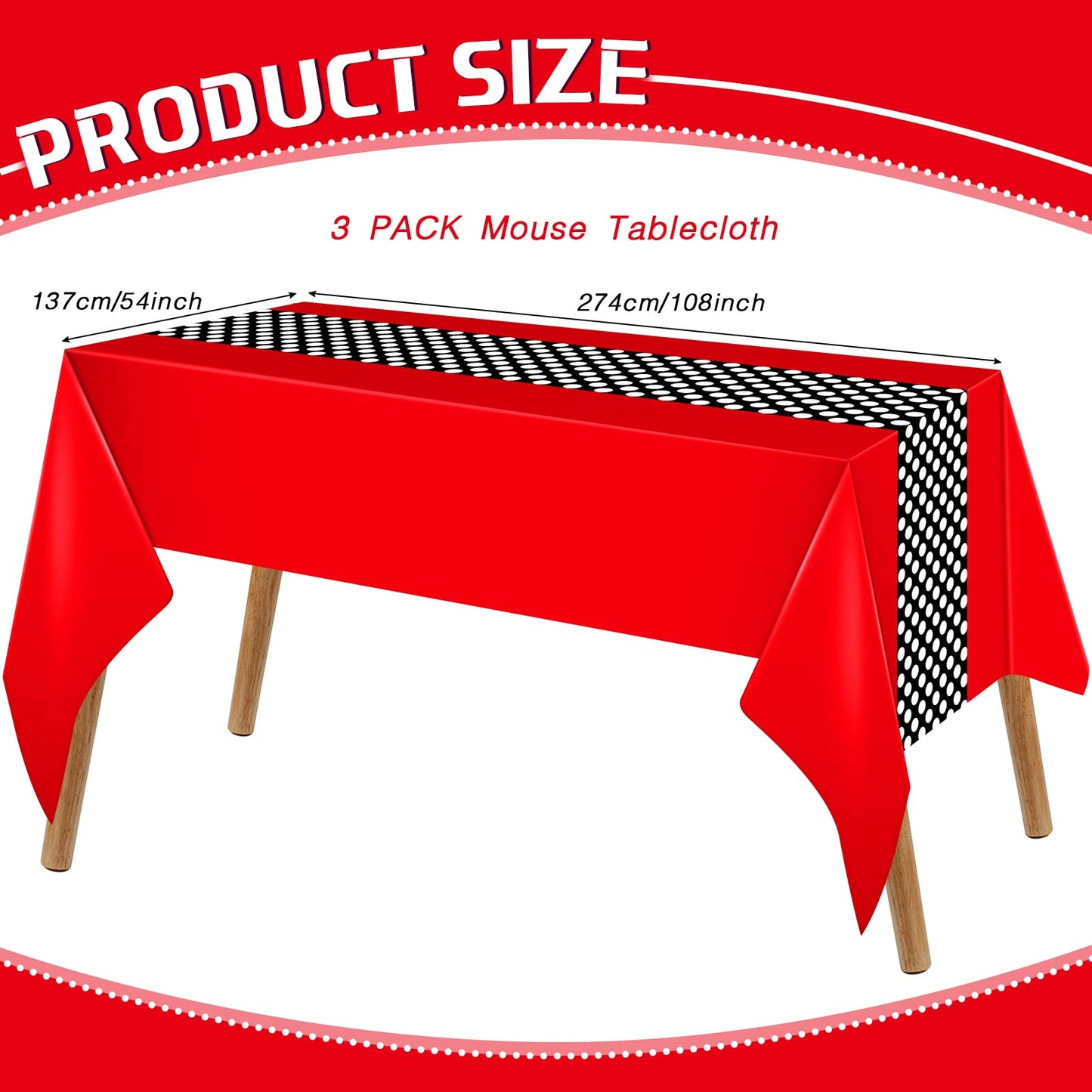 Irenare 3 Pcs Mouse Birthday Party Supplies Christmas Tablecloth Mouse Theme Baby Shower Decorations Plastic Table Cover Polka D