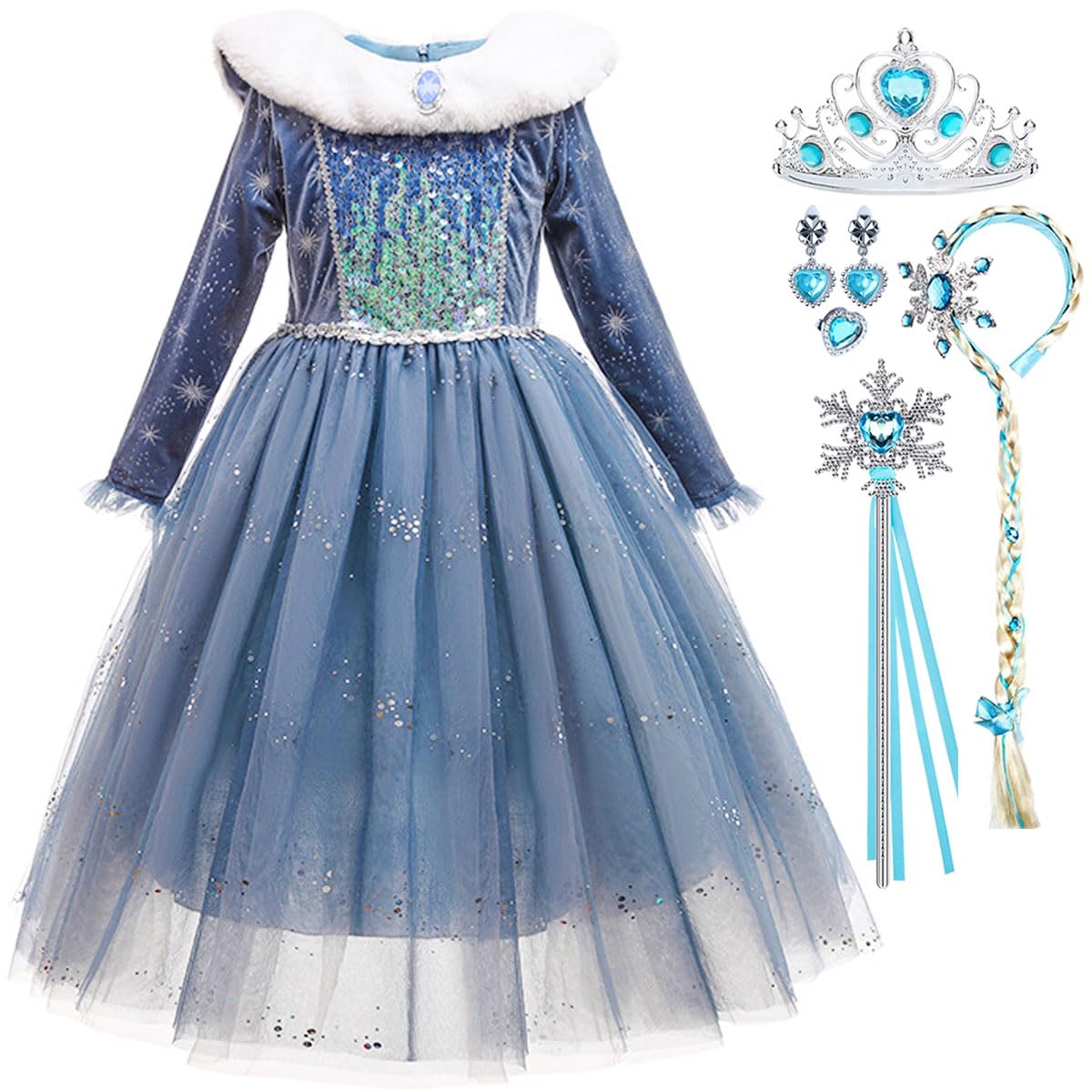 Luzlen Toddler Snow Princess Costume Girls Blue Queen Dress For Halloween Christmas Cosplay Party Outfits, 6-7Y(Tag 140)
