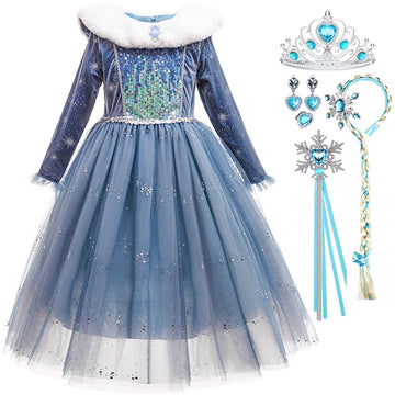 Luzlen Toddler Snow Princess Costume Girls Blue Queen Dress For Halloween Christmas Cosplay Party Outfits, 6-7Y(Tag 140)