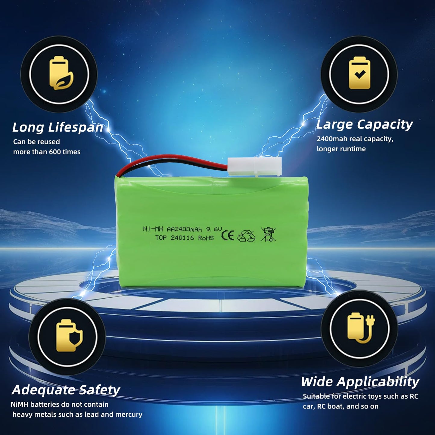 Tosiicop 9.6V 2400mAh NiMH Battery - RC Car Rechargeable Battery AA with Tamiya KET-2P Plug and USB Charge Cable for RC Car Spar