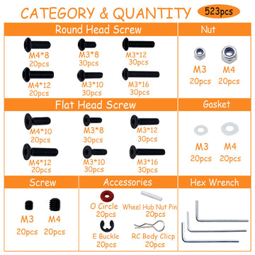 520pcs Universal RC Screw Kit Screws Assortment Set, Hardware Fasteners for Traxxas Redcat Arrma Axial RC4WD HSP HPI SCX10 Losi
