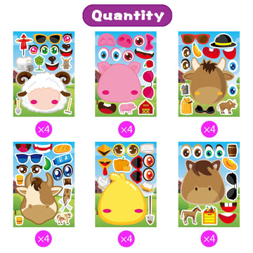 24 Pcs Make-A-Face Sticker Sheets Make Your Own Farm Animal Mix And Match Sticker Sheets With Sheep, Pigs, Cow And Chickens Kids