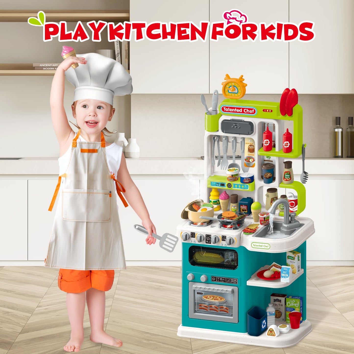 Kids Kitchen Playset,Play Kitchen for Kids Toddler with Sounds and Lights, Cooking Stove Steam,Play Sink,Play Food and Kitchen A