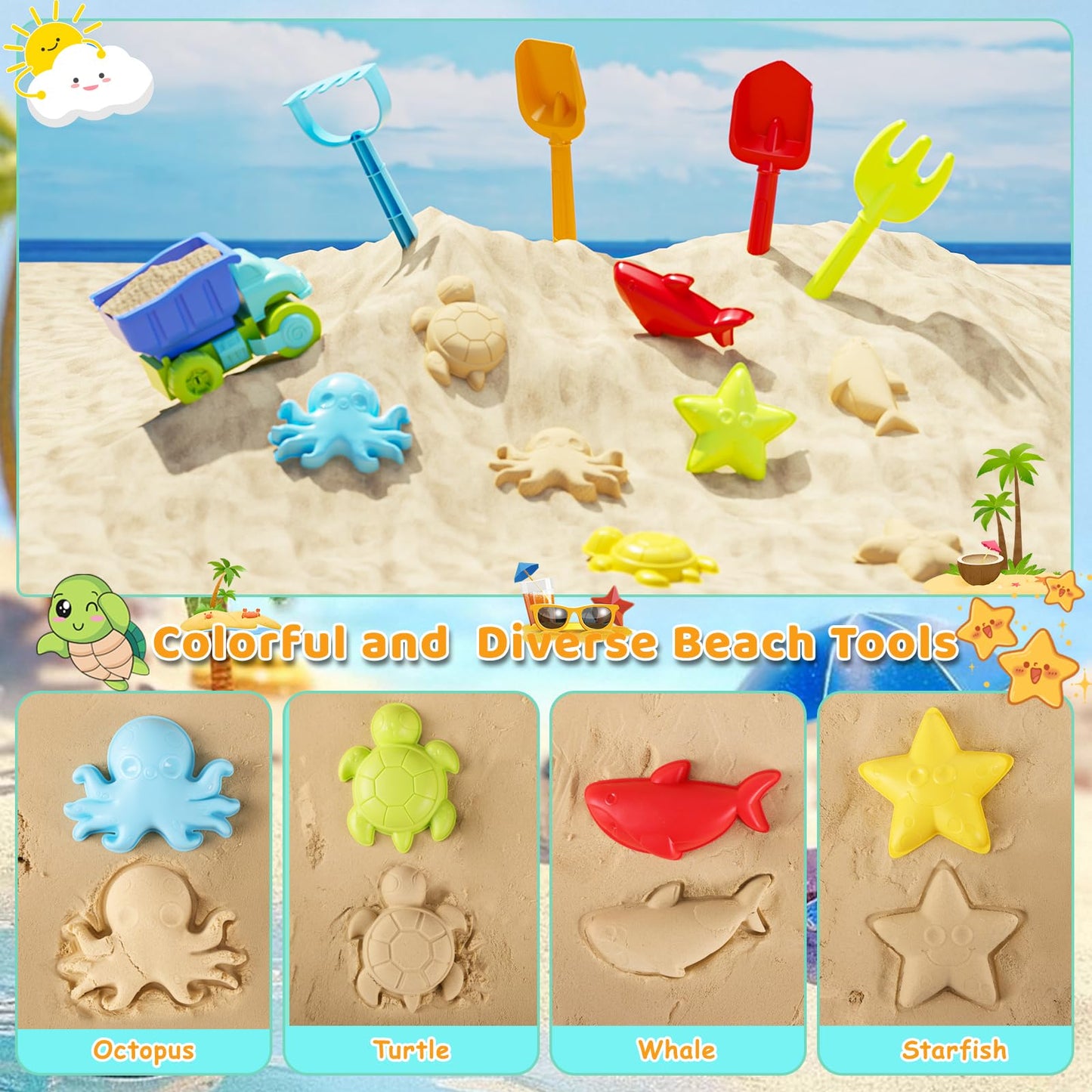 Turtle Sandbox with Lid & Adjustable Umbrella, Kids Sand Box with Sand Molds and Shovels Set for Sensory Play, Toddler Outdoor I