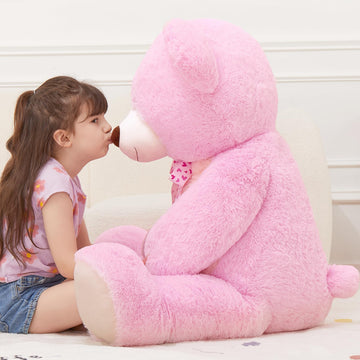 Morismos Giant Teddy Bear 4 Feet Stuffed Animal For Girlfriend,Big Cuddly Stuffed Pink Bear For Kids,Baby Shower Decor,Life Size Giant Teddy With Hearts For Valentine Birthday Gift