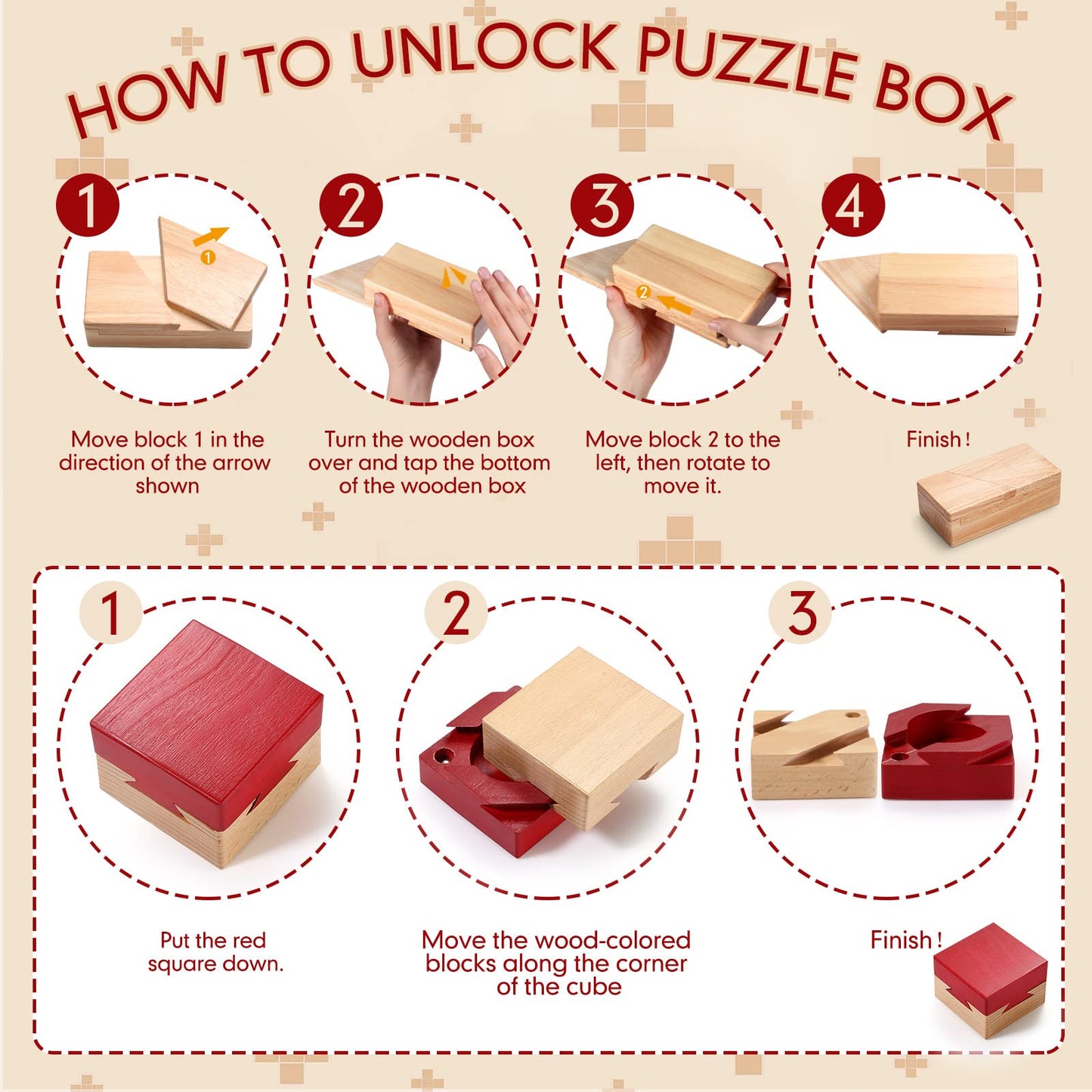 Zhanmai 2 Pack Puzzle Box Wooden Magic Box Impossible Dovetail Box Puzzle Secret Money Box Mini 3D Brain Teaser Magic Gift Drawers Box Mysterious Puzzle Game for Cash Gift mature-themeds Teens (Red)