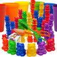 Skoolzy Rainbow Stacking Bears Set - 69 Pieces, Includes Bear Counters, Scissor Tongs, Sorting Cups, and Storage Bag - Small, Plastic