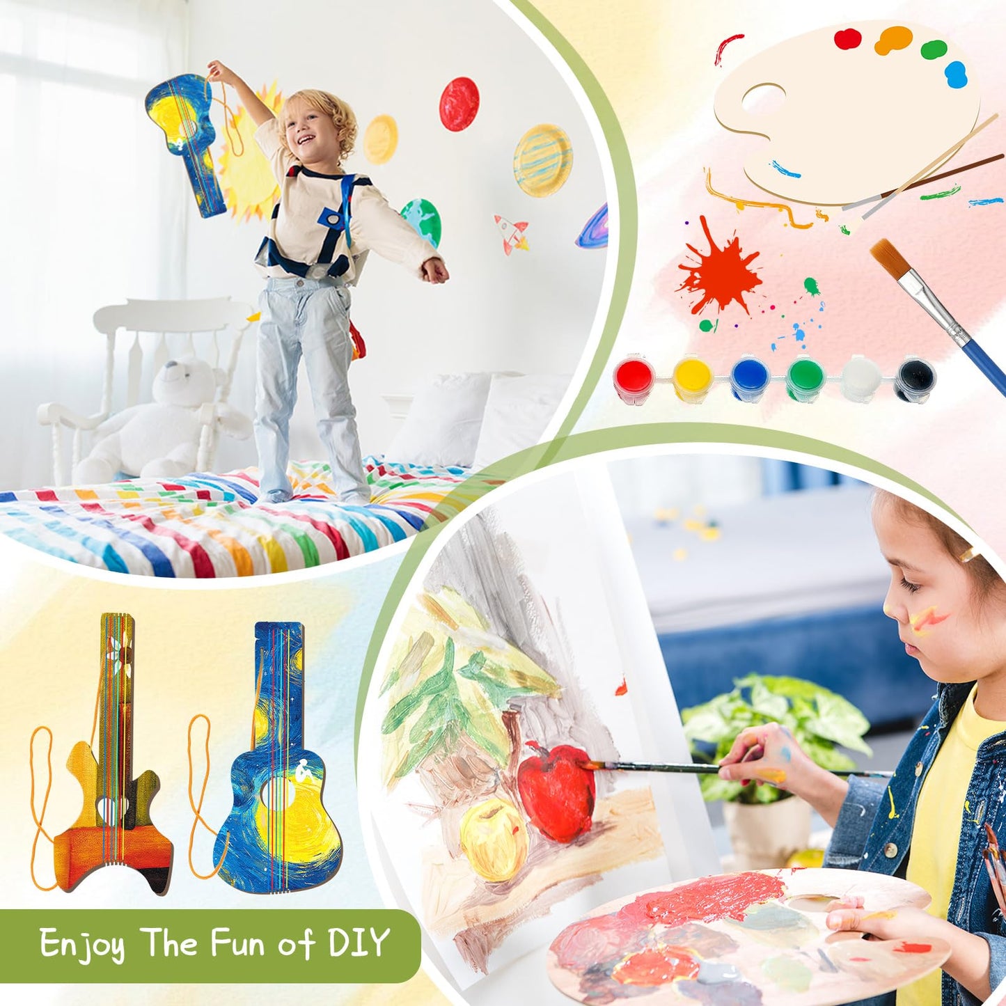 Syhood 36 Pcs 18 Sets DIY Wood Guitar for Kids (6 Difference Designs) with Pigments (6 Colors), Christmas Kids Gift for Boys Gir