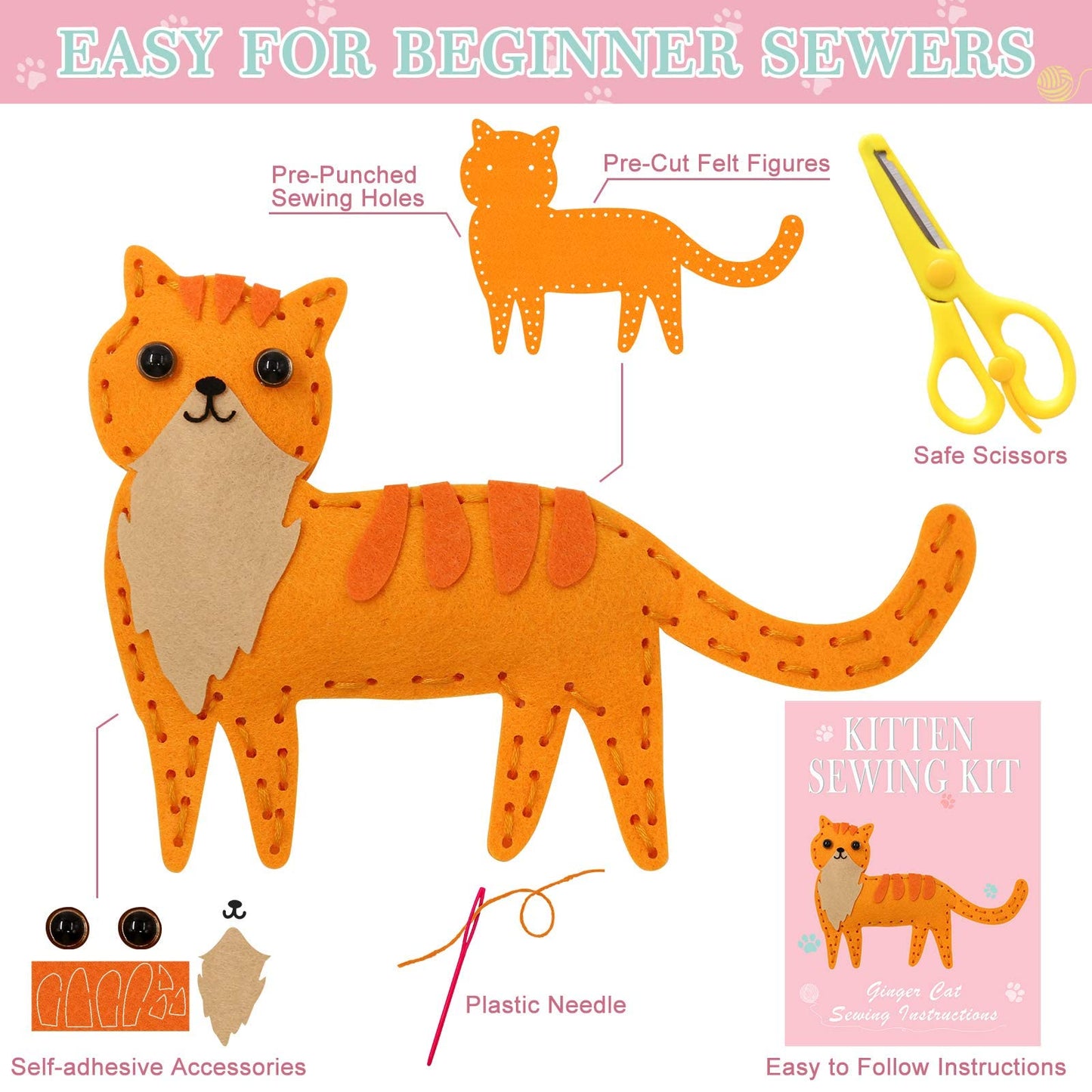 CiyvoLyeen Cat Sewing Kit for Kids - 12PCS Plush Toys Arts & Crafts Set, Animal Felt, Ideal for Ages 7-12, Learn to Sew